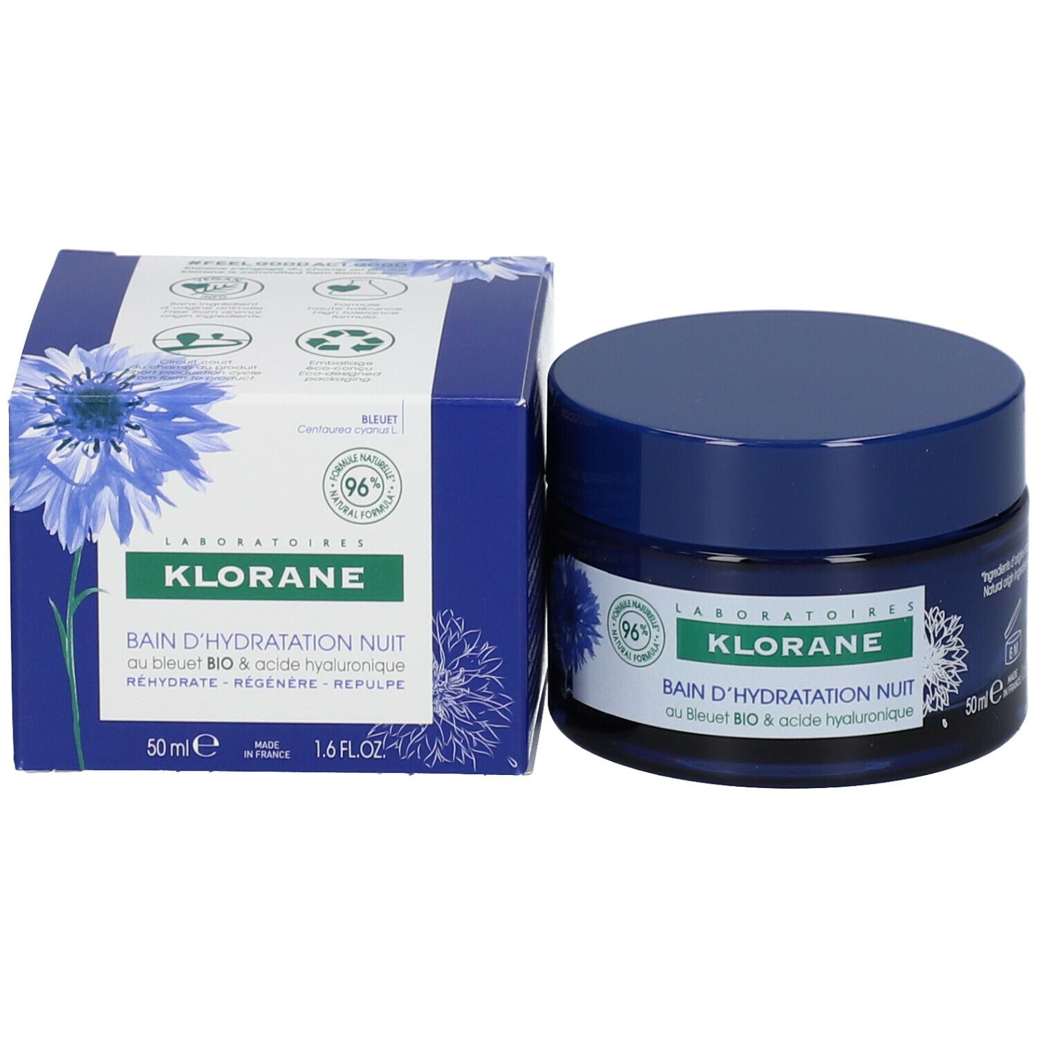 Blaues Tiegel mit Deckel. Aufschrift: Klorane, Bain d'Hydratation Nuit. 50ml. Hergestellt in Frankreich.