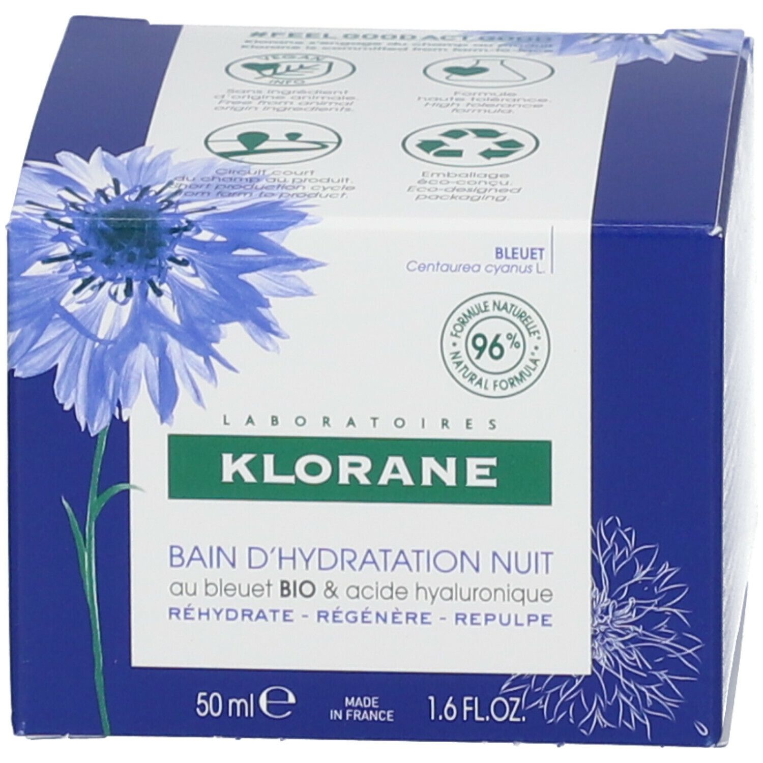 Blaues Tiegel und Schachtel. Aufschrift: Klorane, Bain d'Hydratation Nuit. Kornblume-Motiv. 50ml.