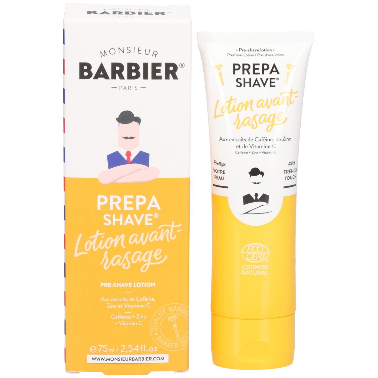 Gelbe Tube und Schachtel mit Aufschrift PREPA SHAVE Lotion avant rasage. Monsieur BARBIER Logo. Mit Inhaltsstoffen wie Koffein, Zink und Vitamin C.