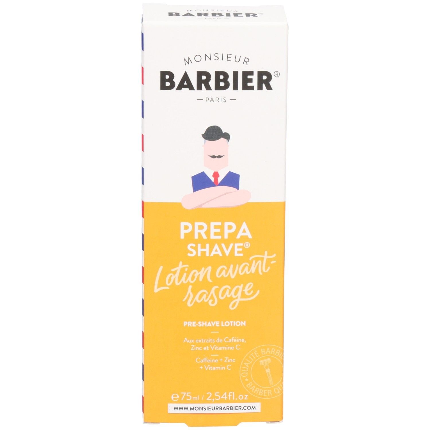 Gelbe Schachtel mit PREPA SHAVE Lotion avant rasage. Monsieur BARBIER Logo. Enthält Koffein, Zink und Vitamin C. Aufschrift: Pre-Shave Lotion.