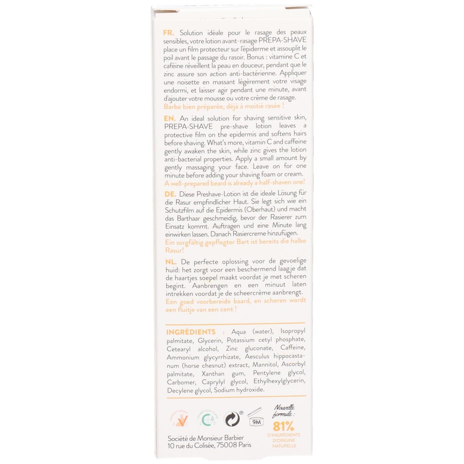 Rückseite der Schachtel mit Text in Englisch, Deutsch, Französisch und Niederländisch. Inhaltsstoffe und Zertifizierungen sind sichtbar.