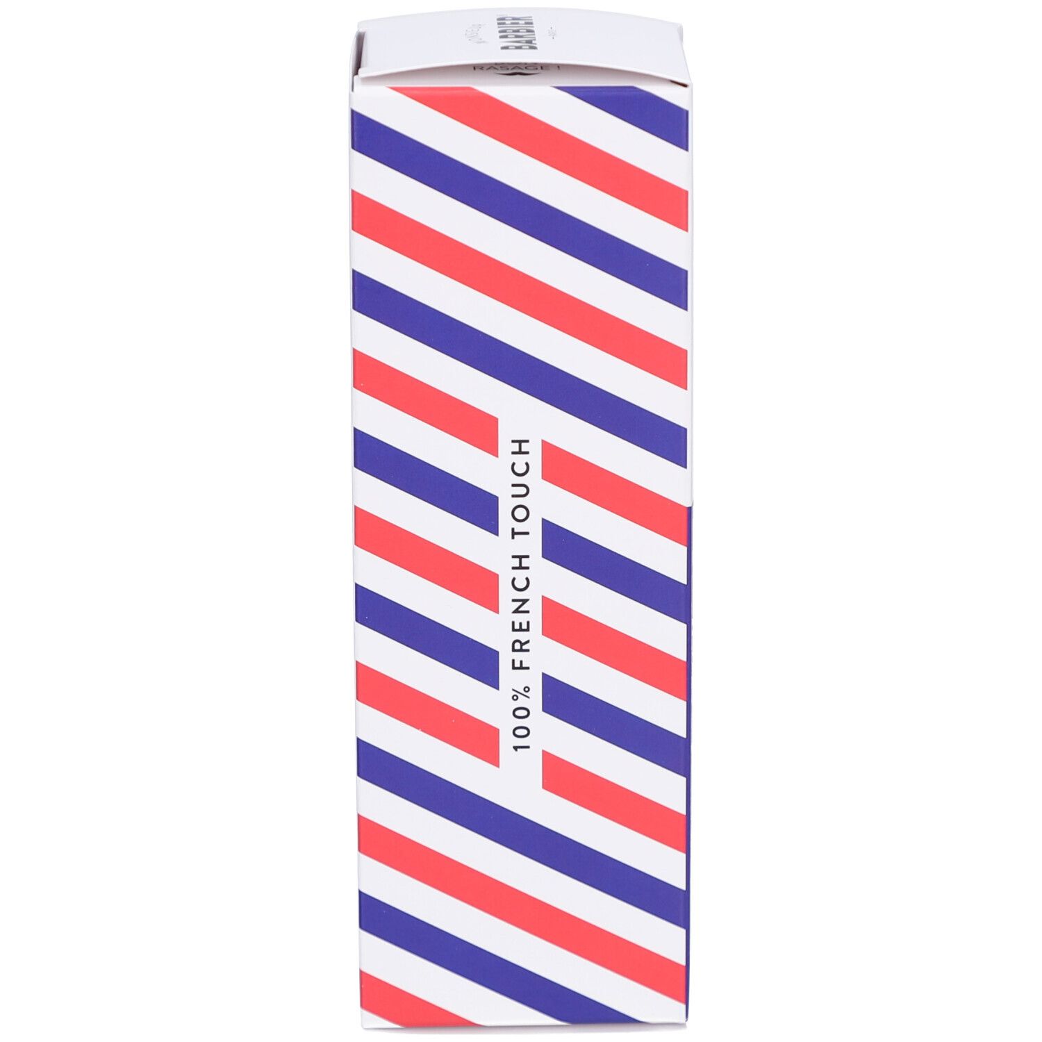 Verpackung. Monsieur BARBIER Box. Rote und blaue Streifen. Aufschrift: 100% French Touch.
