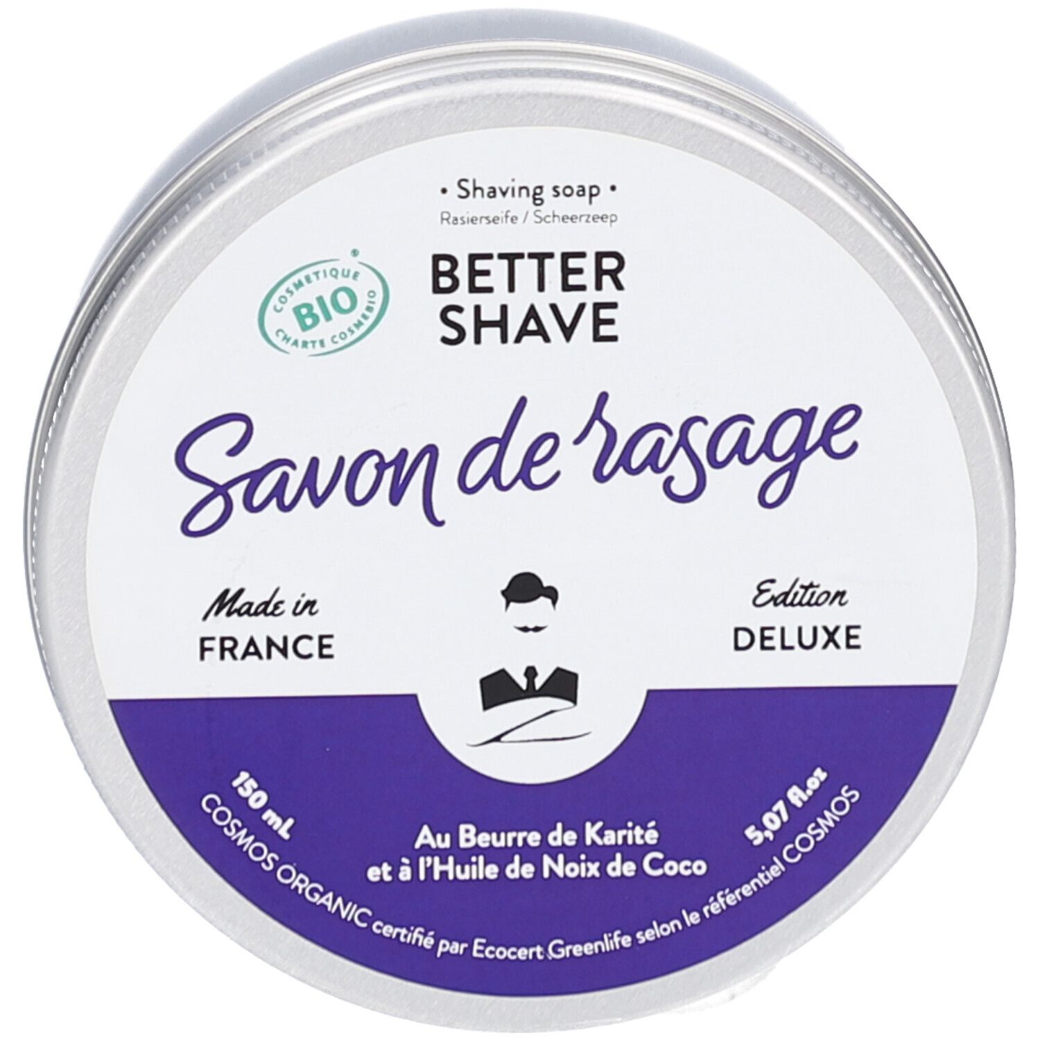 Runde Dose Rasierseife. Aufschrift: Better Shave, Savon de rasage, Made in France, Cosmos Organic. Bio-Zertifizierung.