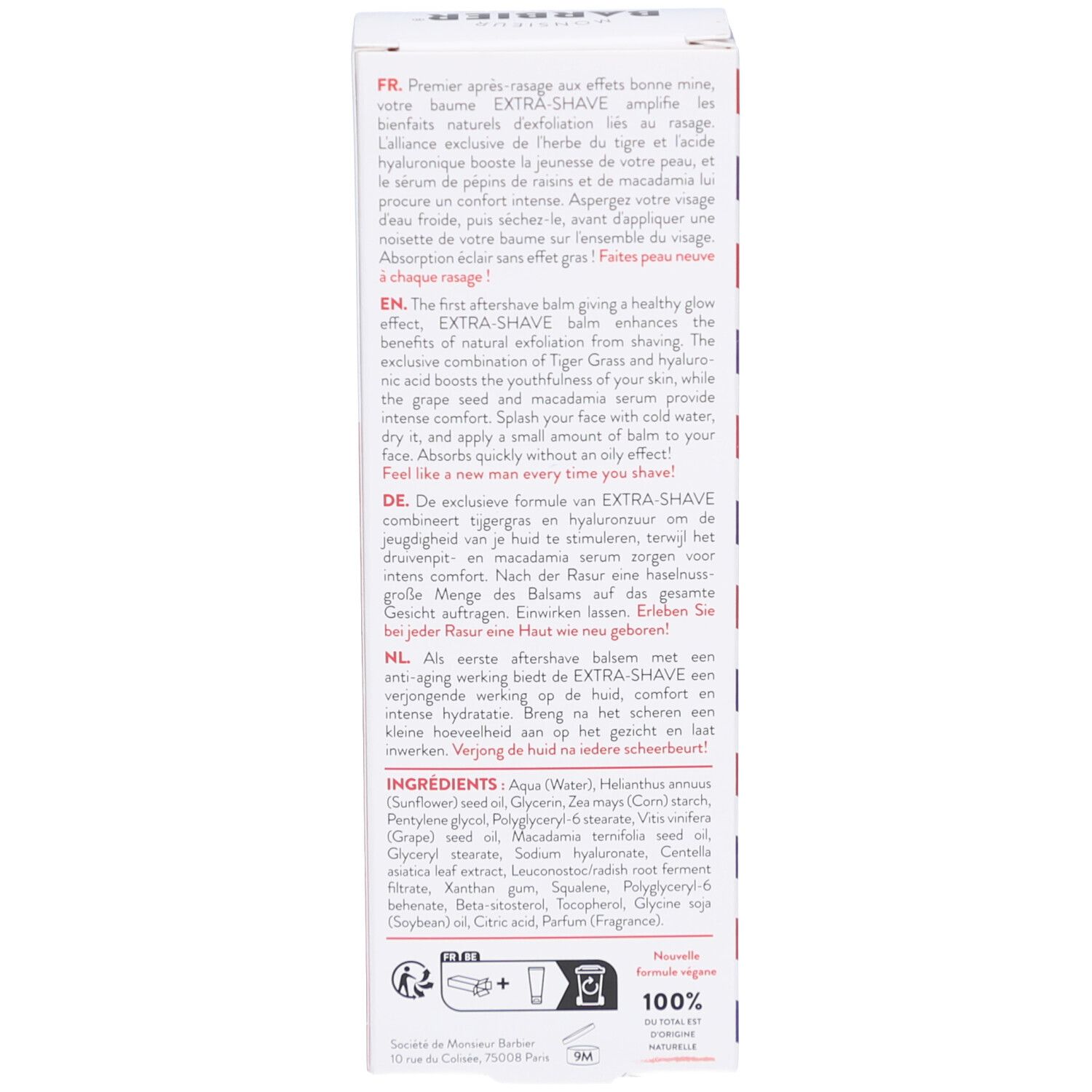 Rückseite der Kartonverpackung. Text in mehreren Sprachen. Inhaltsstoffe. Logo: Monsieur BARBIER. Zertifizierung: COSMOS NATURAL.