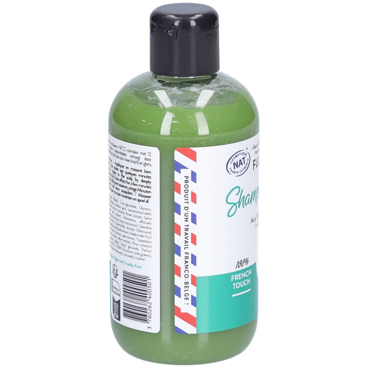 Rückseite der Shampoo-Flasche. Aufkleber mit Inhaltsstoffen und Barcode. Französische Flagge.