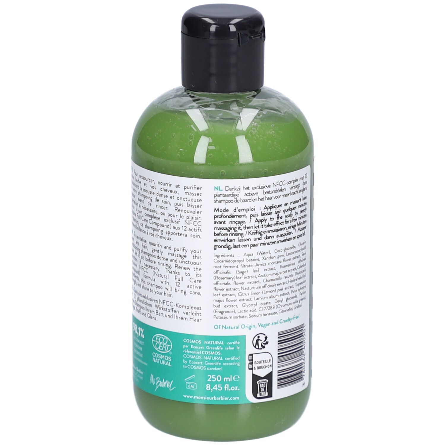 Rückseite der Shampoo-Flasche. Text mit Inhaltsstoffen und Anwendungshinweisen. Zertifizierungen.