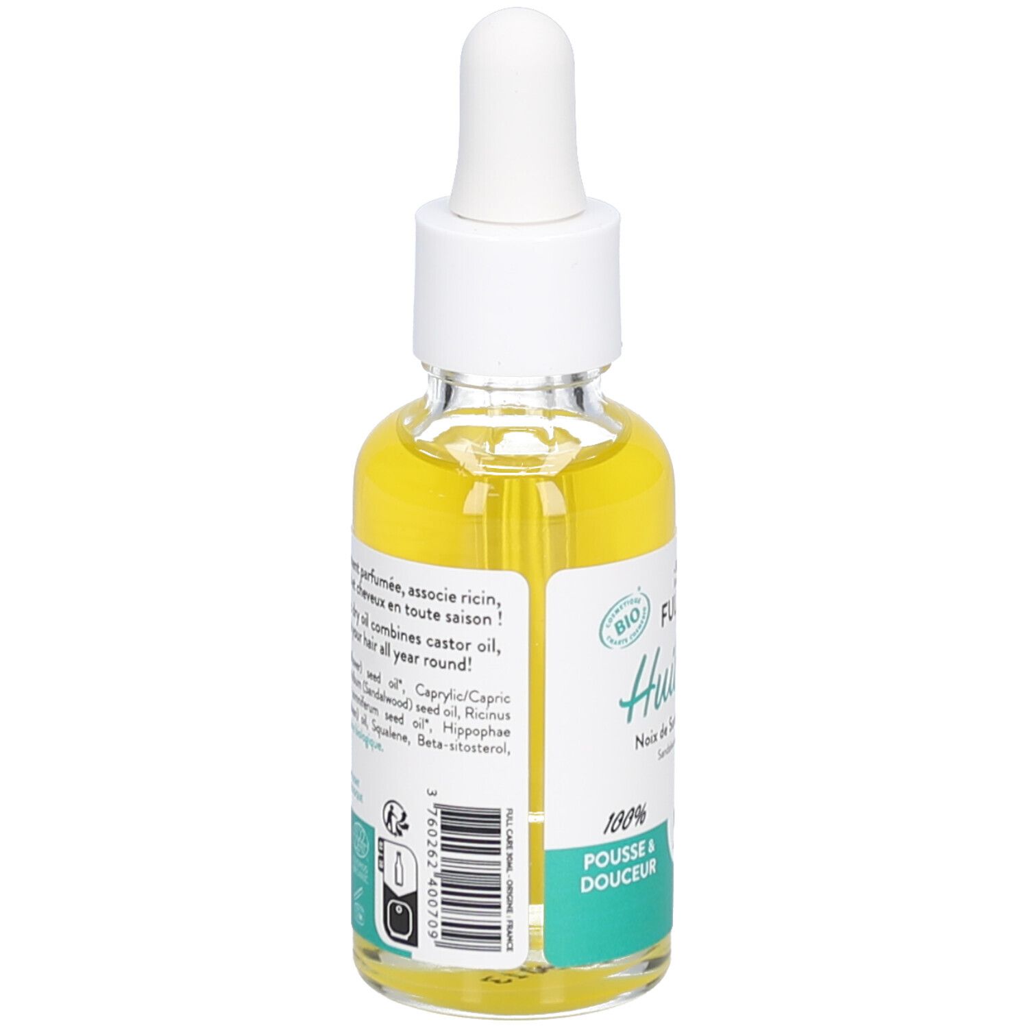 Klarflüssiges Öl in einer Glasflasche mit Pipette. Aufschrift: BIO, Huile sèche, 100% Pousse & douceur.