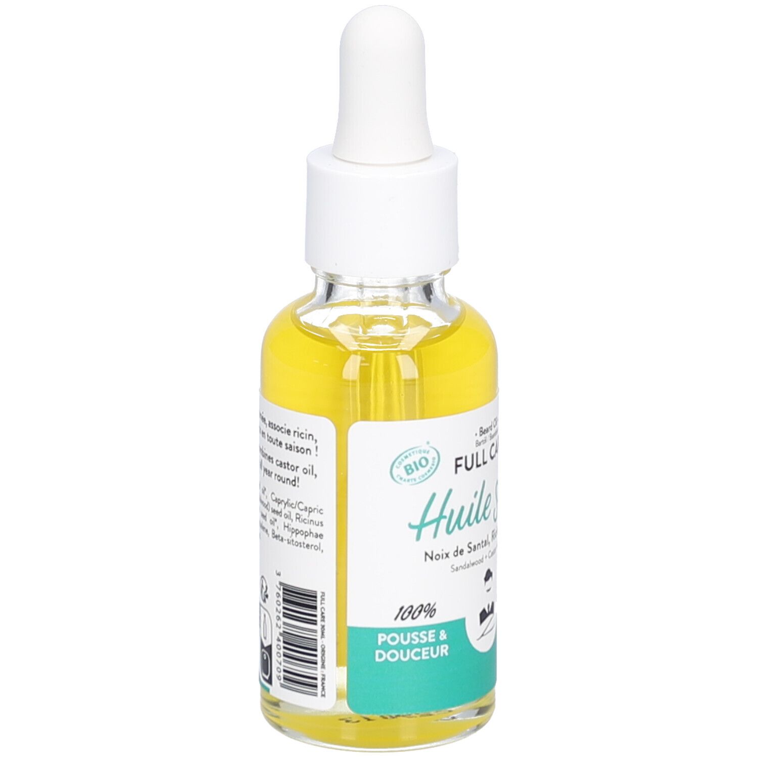 Glasflasche mit gelbem Öl und Pipette. Aufschrift: BIO, Huile sèche, 100% Pousse & douceur.