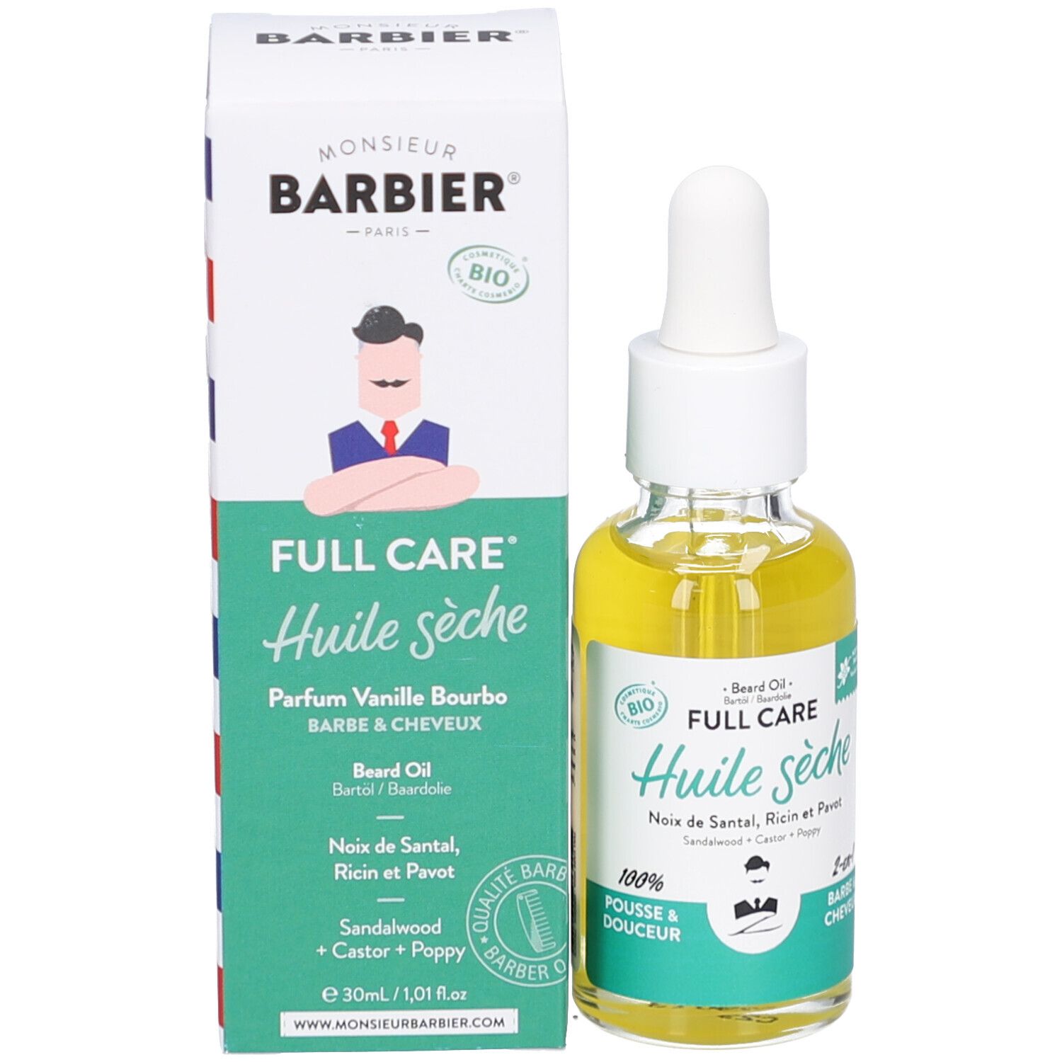 Produktflasche und Verpackung. Aufschrift: Monsieur BARBIER, Huile sèche, Parfum Vanille Bourbo, Barbe & Cheveux, 30ml.
