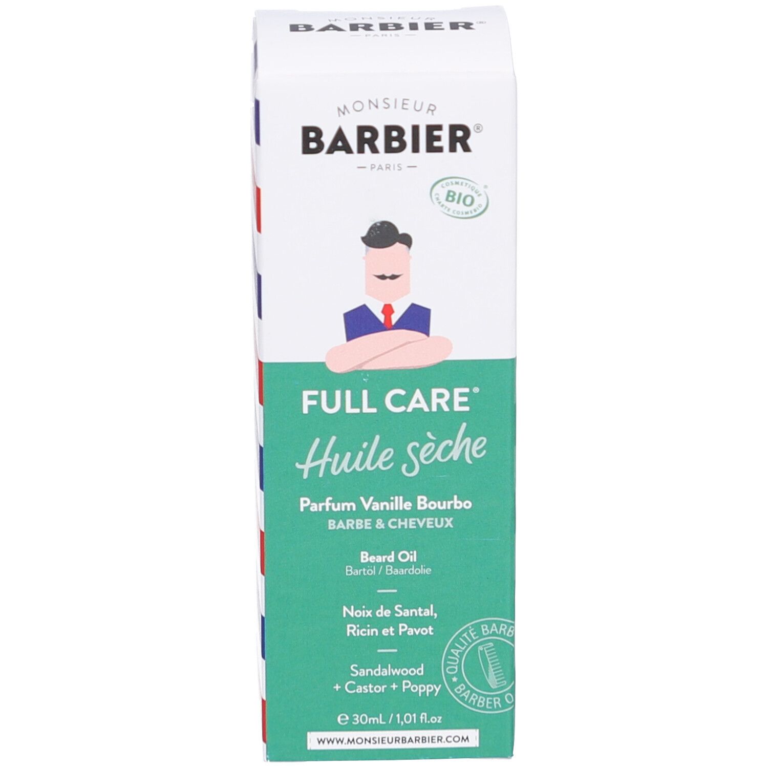 Produktverpackung. Aufschrift: Monsieur BARBIER, Huile sèche, Parfum Vanille Bourbo, Barbe & Cheveux, 30ml.