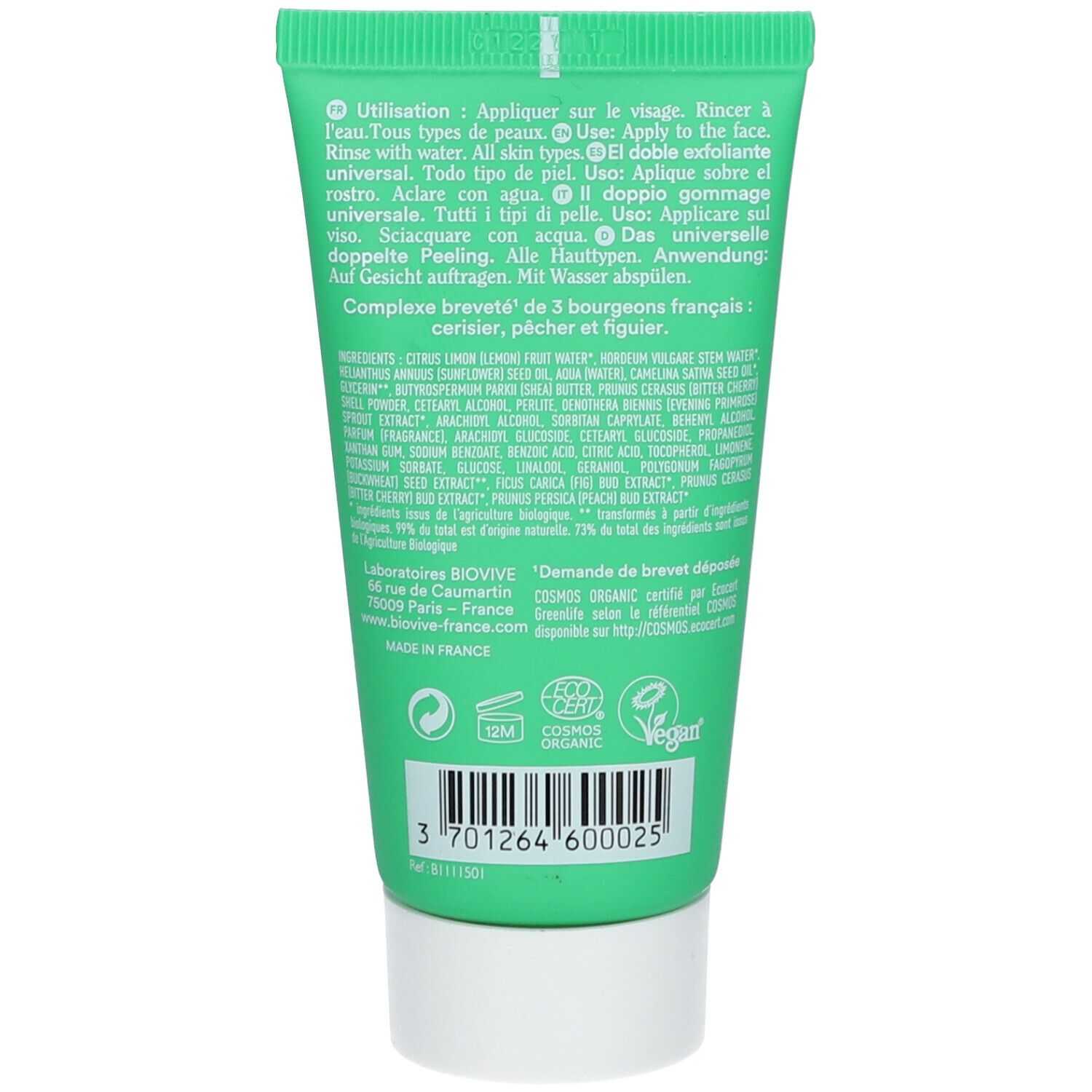 Rückseite der grünen BIOVIVE-Tube. Text mit Anweisungen und Inhaltsstoffen. COSMOS ORGANIC-Logo und Vegan-Siegel.