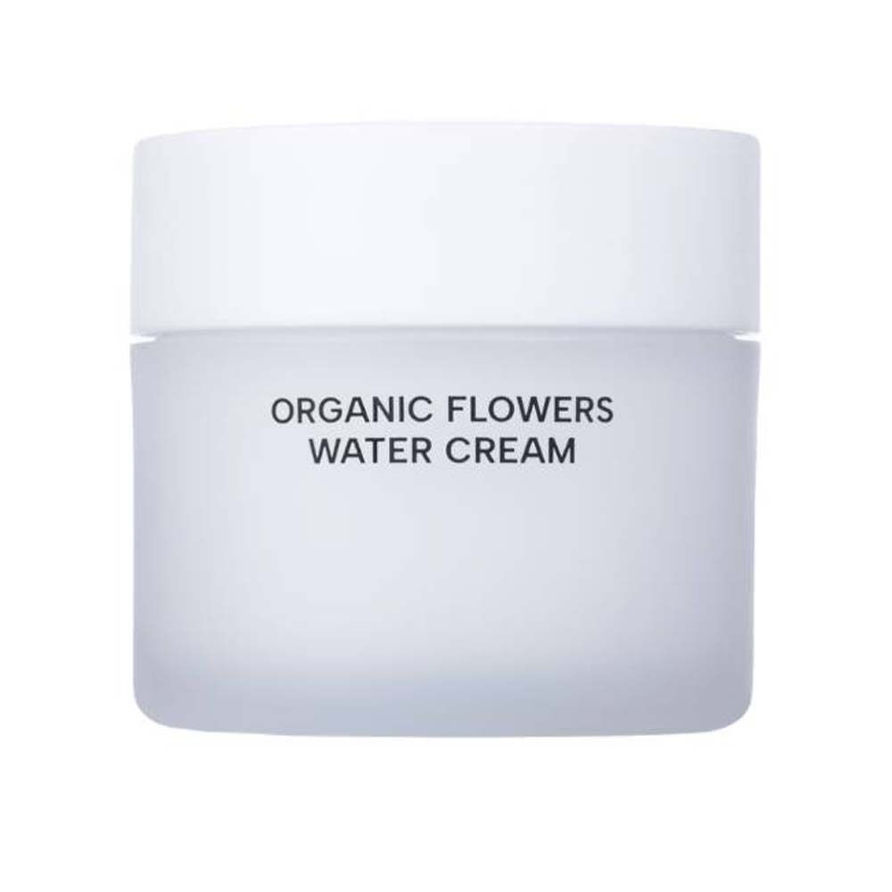 Weißes Tiegel mit Deckel. Aufschrift: ORGANIC FLOWERS WATER CREAM.
