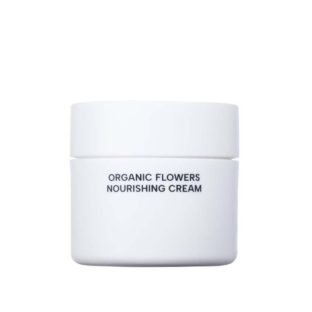 Weißes Tiegel mit Deckel. Aufschrift: ORGANIC FLOWERS NOURISHING CREAM.