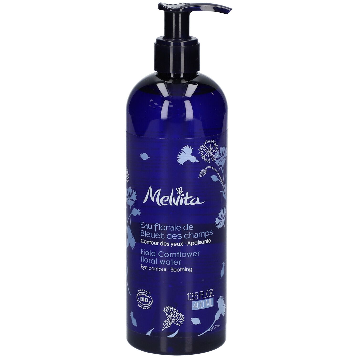 Blaue Flasche mit Pumpverschluss. Melvita-Logo und Produktbezeichnung. Bio-Zertifizierung.