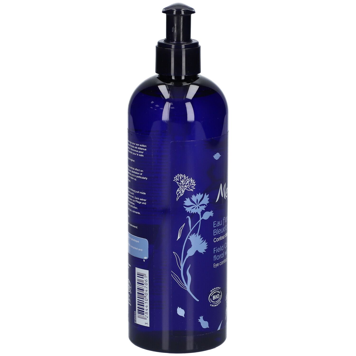 Blaue Flasche mit Pumpverschluss. Rückseite mit Produktinformationen und Barcode.