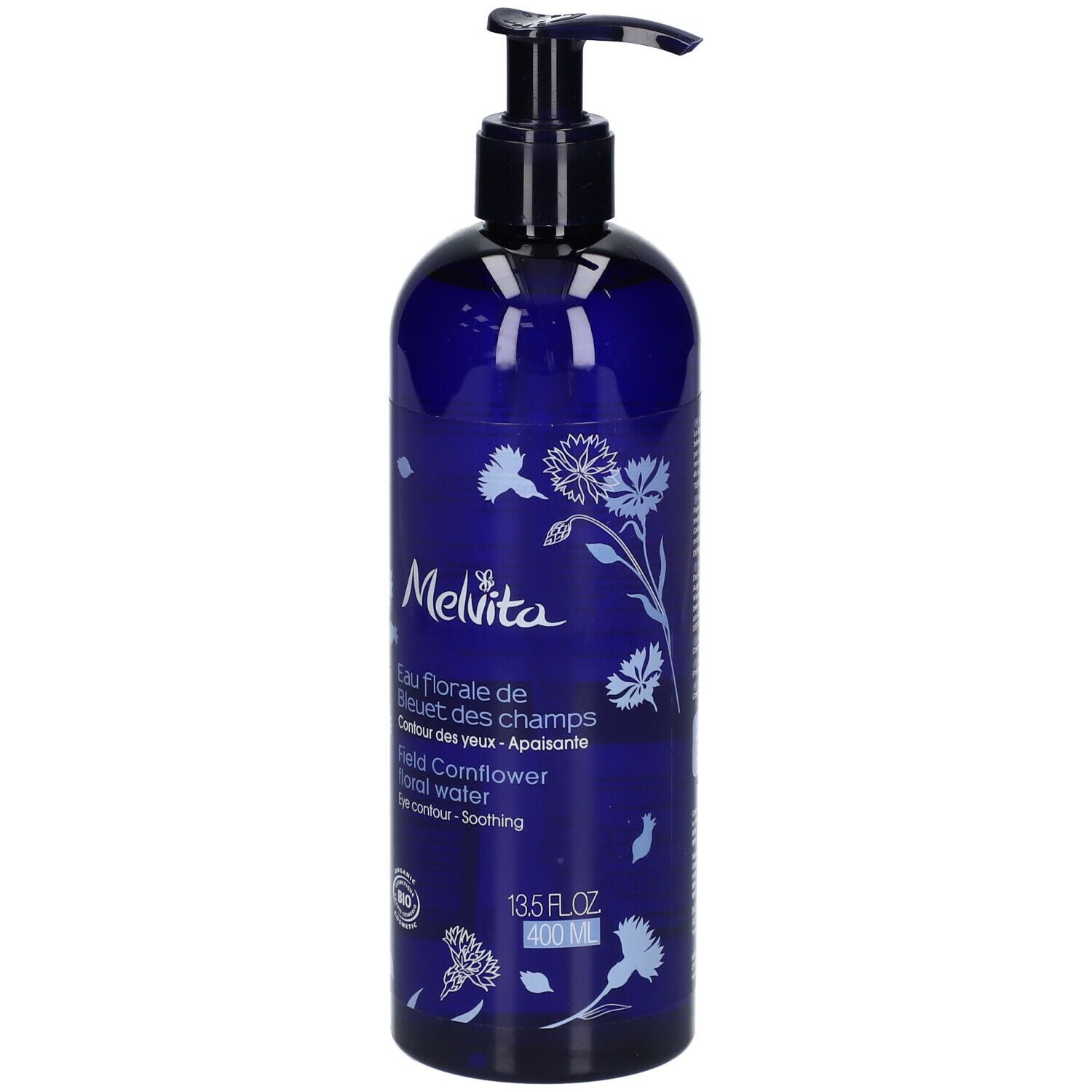 Blaue Flasche mit Pumpverschluss. Melvita-Logo und Produktbezeichnung. Bio-Zertifizierung.