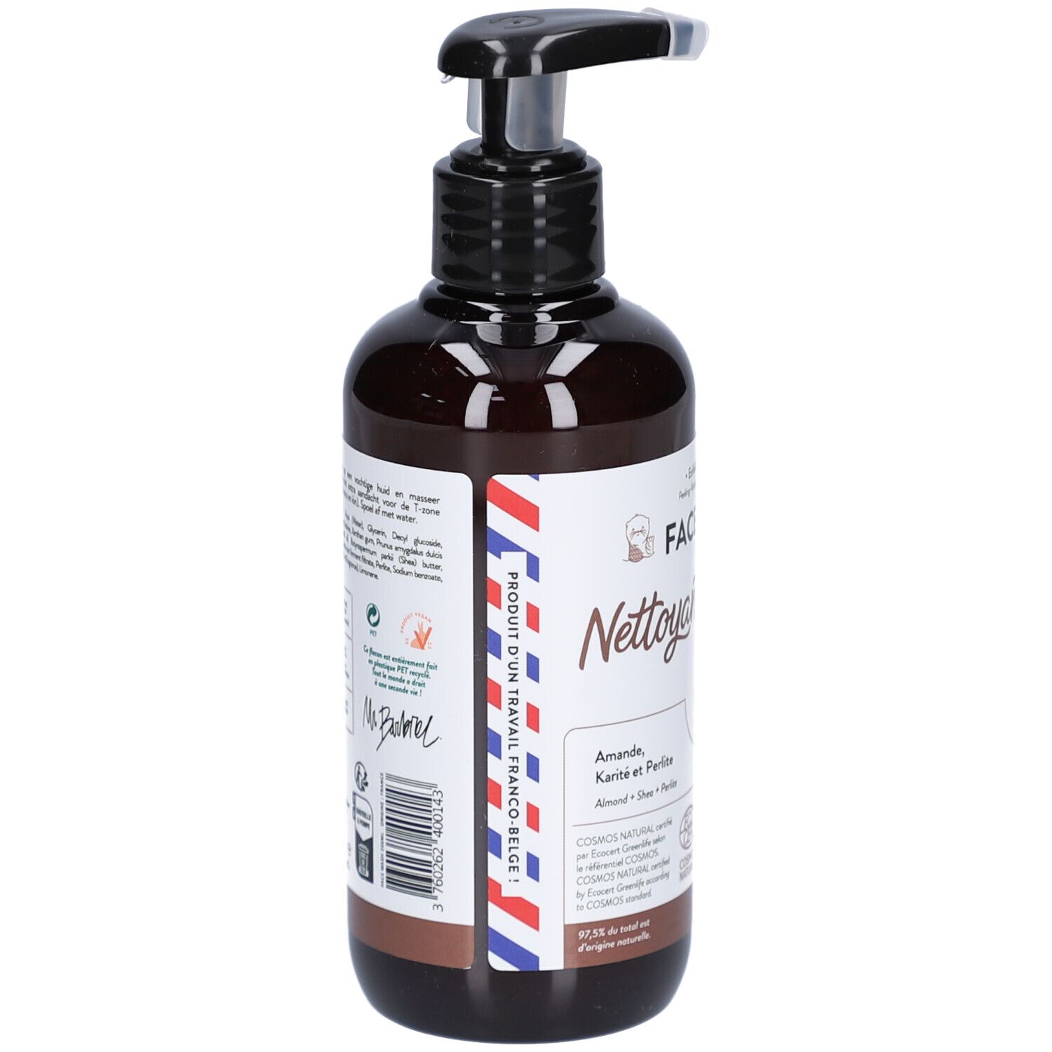 Braune Flasche mit schwarzem Pumpkopf. Aufschrift: Face Wash, Nettoyant Exfoliant. Mit französischem Flaggen-Design.