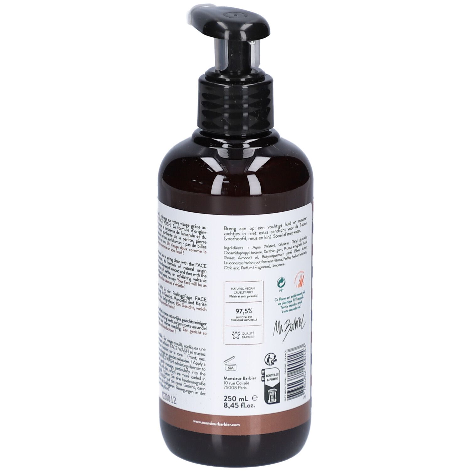 Rückseite einer braunen Flasche mit schwarzem Pumpkopf. Text in mehreren Sprachen. Zertifizierungen und Inhaltsstoffe.