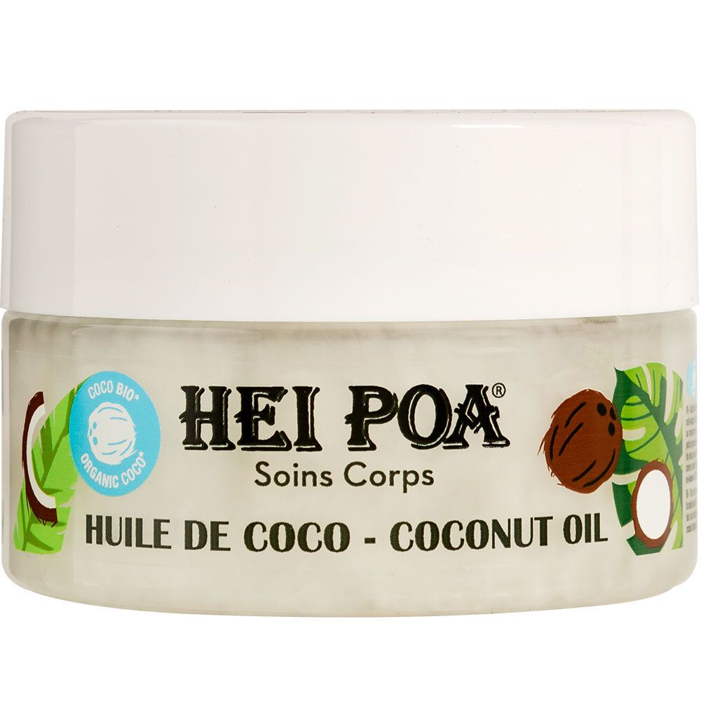 Cremebehälter mit weißem Deckel. Aufschrift: HEI POA, Kokosöl, Coco Bio. Kokosnuss- und Blatt-Illustrationen.