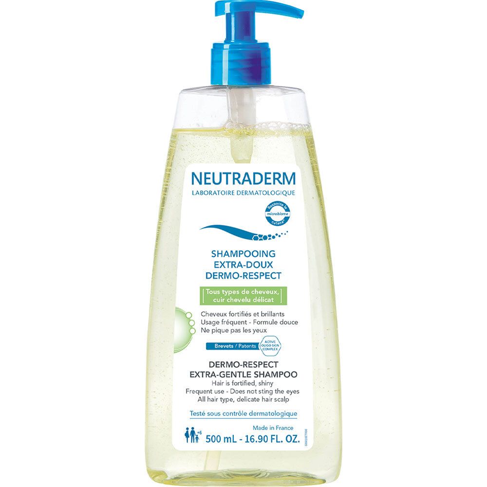 Neutraderm Shampooing Extra-Doux Dermo-Respect. Transparente Flasche mit blauem Pumpkopf. Etikett mit Produktinformationen.