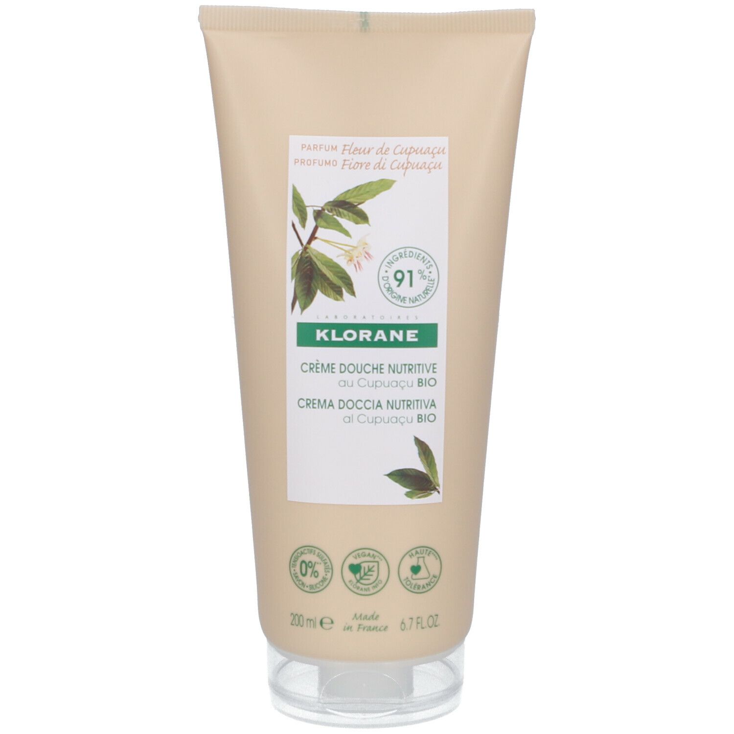 Beige Tube mit weißem Deckel. Aufschrift: Klorane, Crème Douche Nutritive au Cupuaçu BIO. Grün-weiße Etiketten.