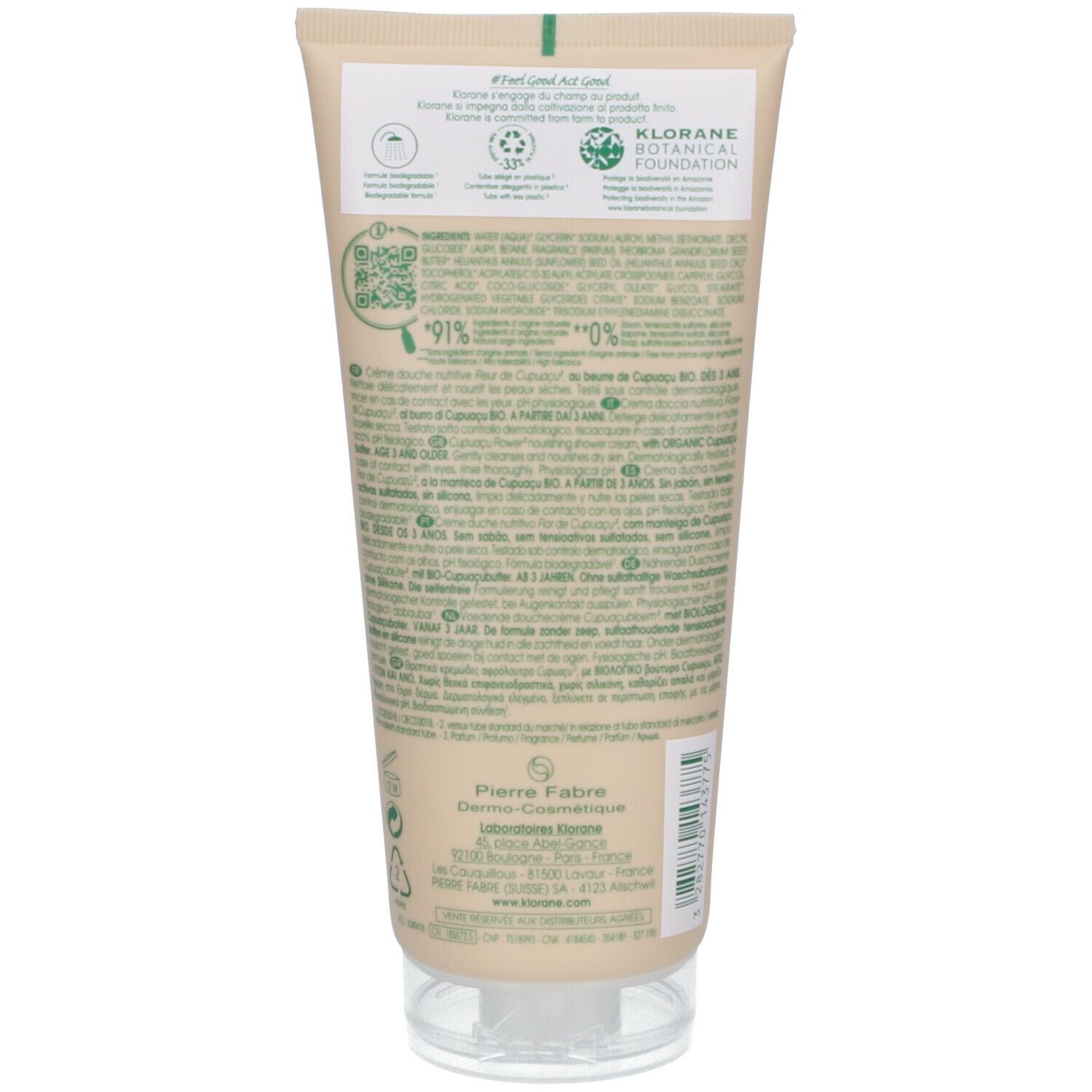 Rückseite einer Tube. Text in mehreren Sprachen. Logos: Klorane Botanical Foundation, Recycling-Symbol, 91% Inhaltsstoffe natürlichen Ursprungs.