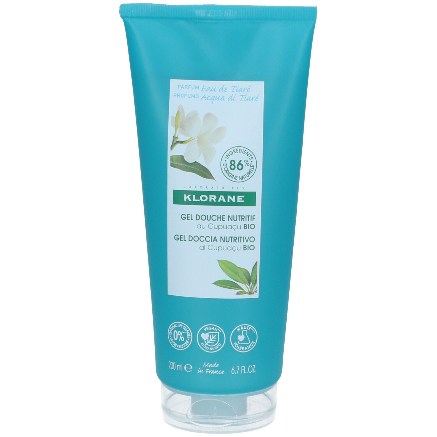 Türkisfarbene Tube mit weißem Etikett. Aufschrift: KLORANE, Gel Douche Nutritif, Eau de Tiaré. 86% Inhaltsstoffe natürlichen Ursprungs.