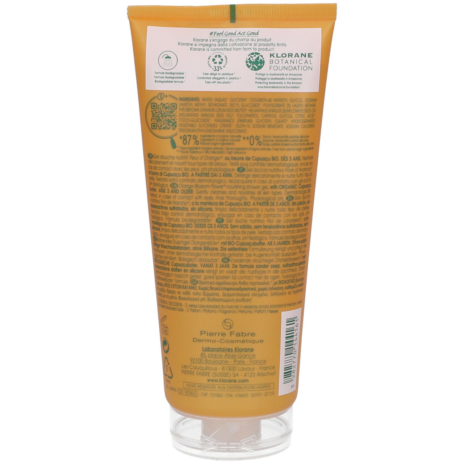 Rückseite der Klorane Duschgel-Tube mit Orangenblüten. Text, Logos, Bio-Zertifizierung, QR-Code, Herstellerinformationen, transparente Kappe.
