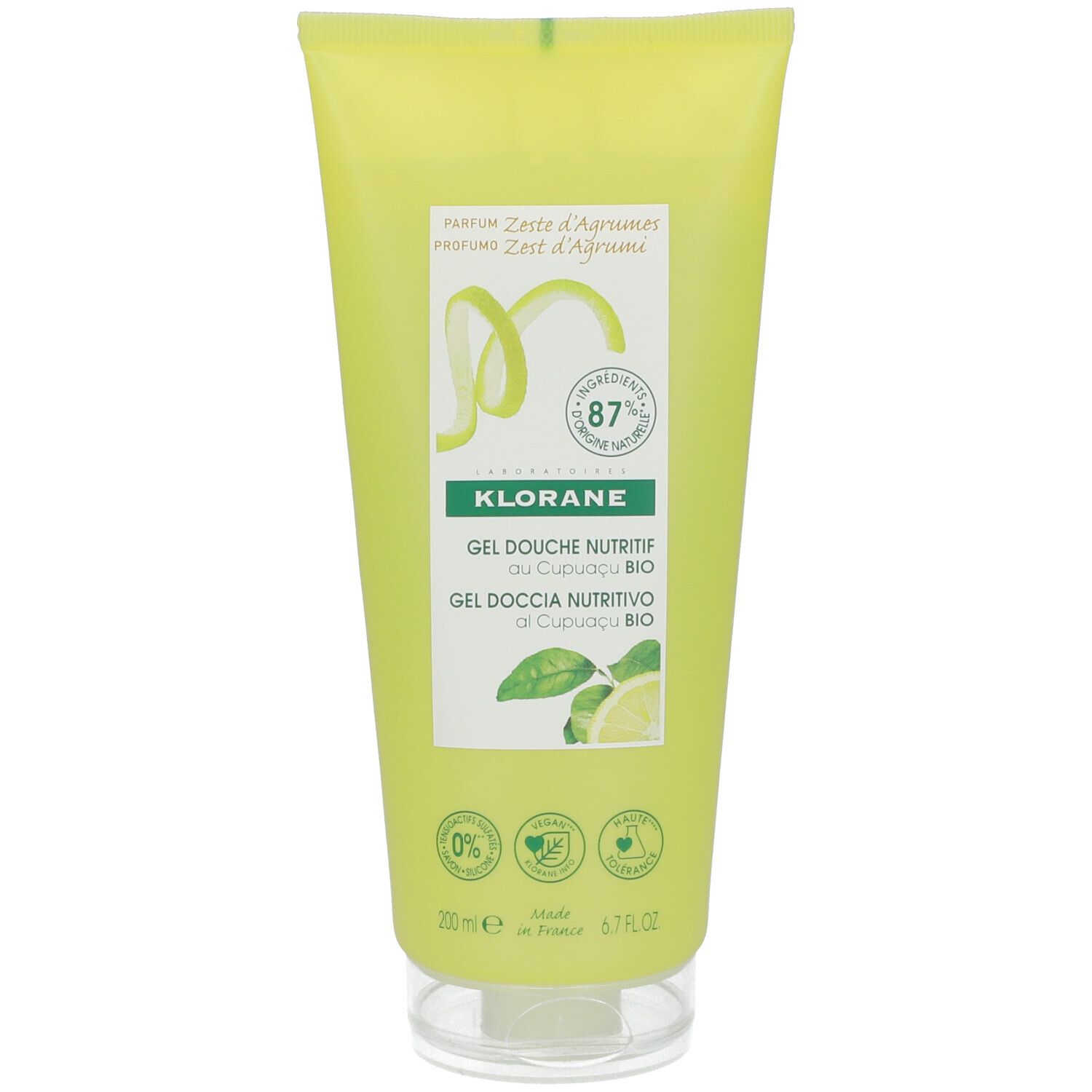 Gelbe Tube mit grünem Etikett. Text: Klorane, Gel Douche Nutritif au Cupuaçu Bio. 87% Inhaltsstoffe natürlichen Ursprungs.