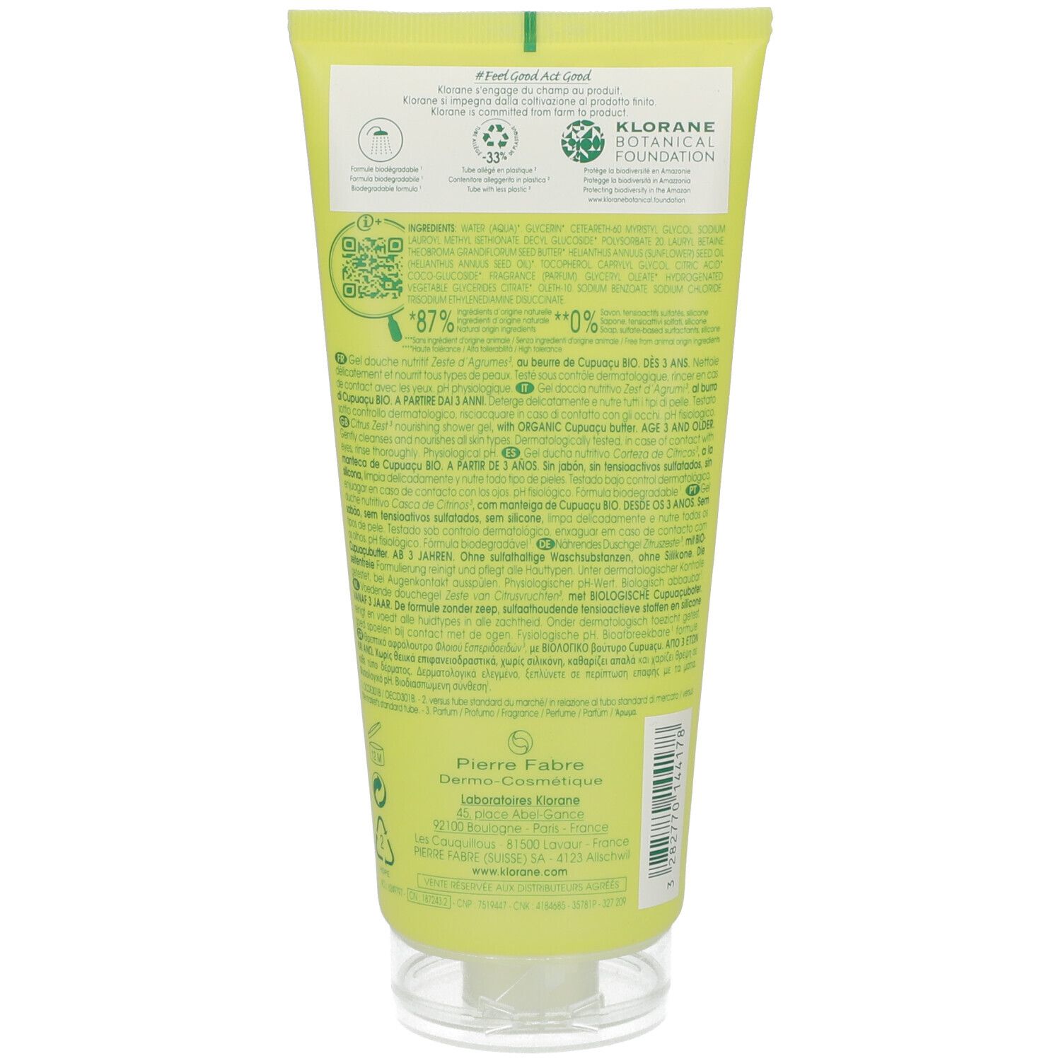 Rückseite einer gelben Tube. Text: Klorane Botanical Foundation, Inhaltsstoffe, QR-Code, 87% natürliche Inhaltsstoffe, 0% Zusatzstoffe.