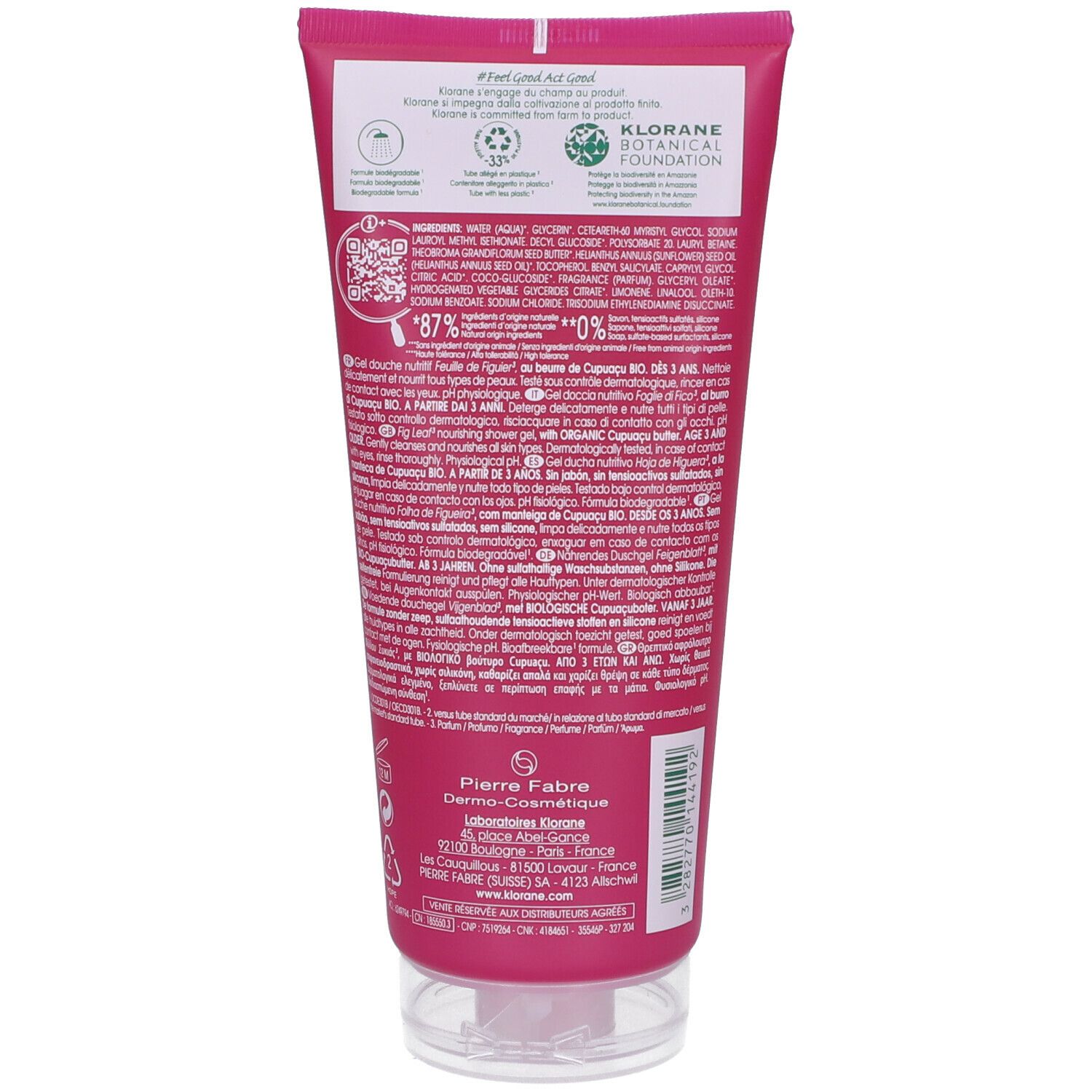 Rückseite einer rosa Duschgel-Tube. Text: Inhaltsstoffe, KLORANE BOTANICAL FOUNDATION. QR-Code, Recycling-Symbole, Text in mehreren Sprachen.