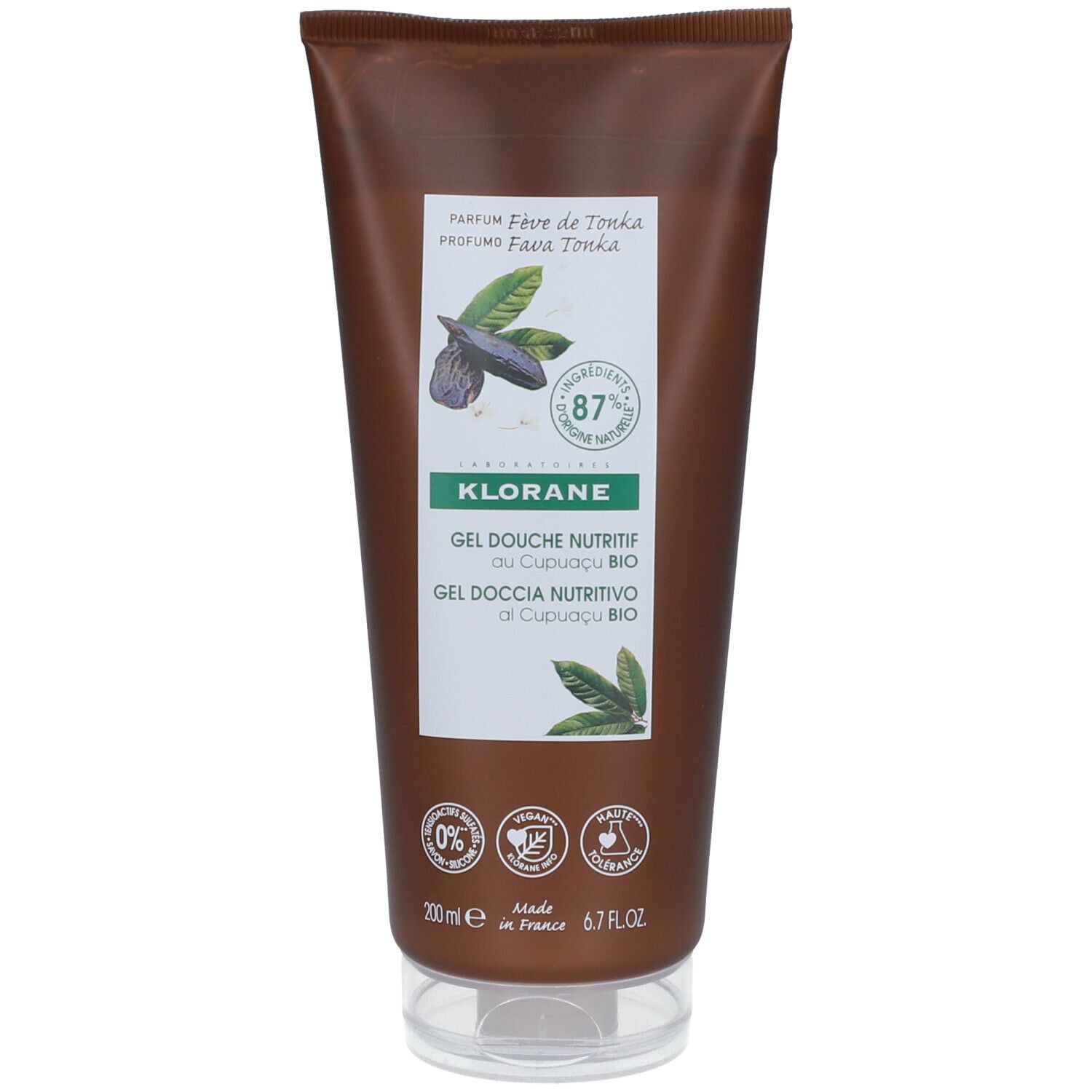 Braune Tube Duschgel mit weißem Etikett. Text: Klorane, Gel Douche Nutritif, Cupuaçu Bio. 87% natürliche Inhaltsstoffe.