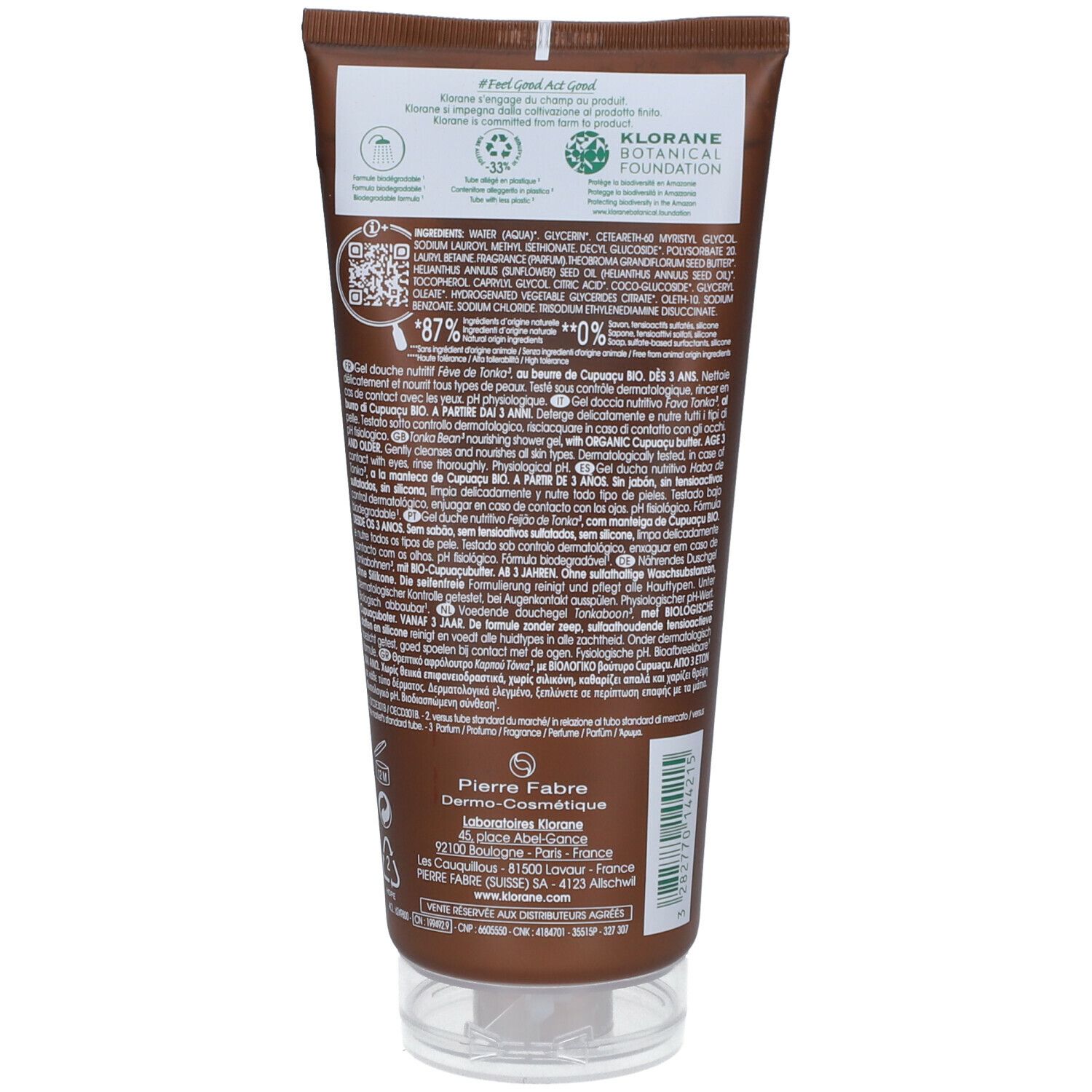 Rückseite der Duschgel-Tube. Text: Inhaltsstoffe, Pierre Fabre, Dermo-Cosmétique. Siegel: 87%, 0%, Recycling-Symbole.