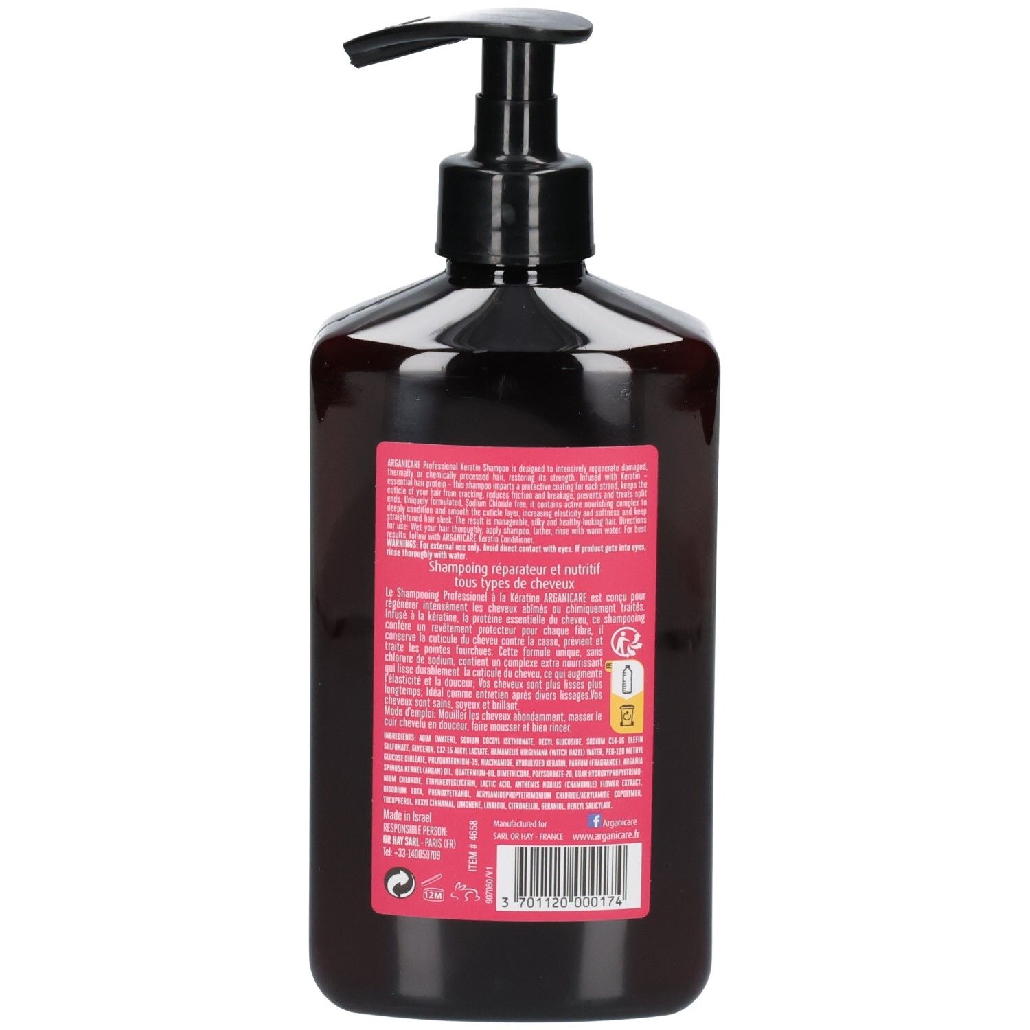 Rückseite der Arganicare Keratin Shampoo Flasche mit Pumpspender, 400ml. Enthält Inhaltsstoffe und Anwendungshinweise.
