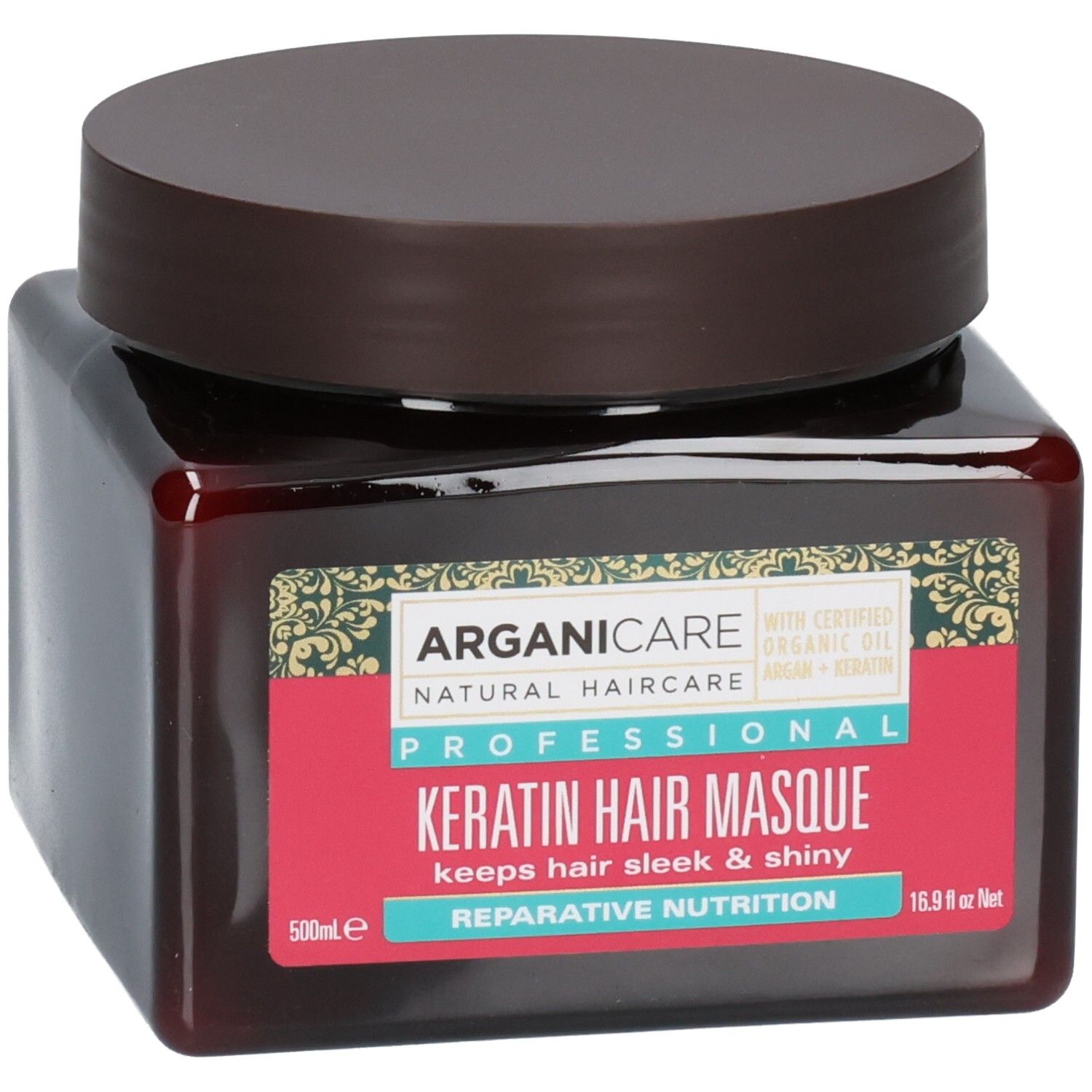 Arganicare Keratin Haarmaske in einem braunen Tiegel mit braunem Deckel. Etikett mit Produktinformationen.