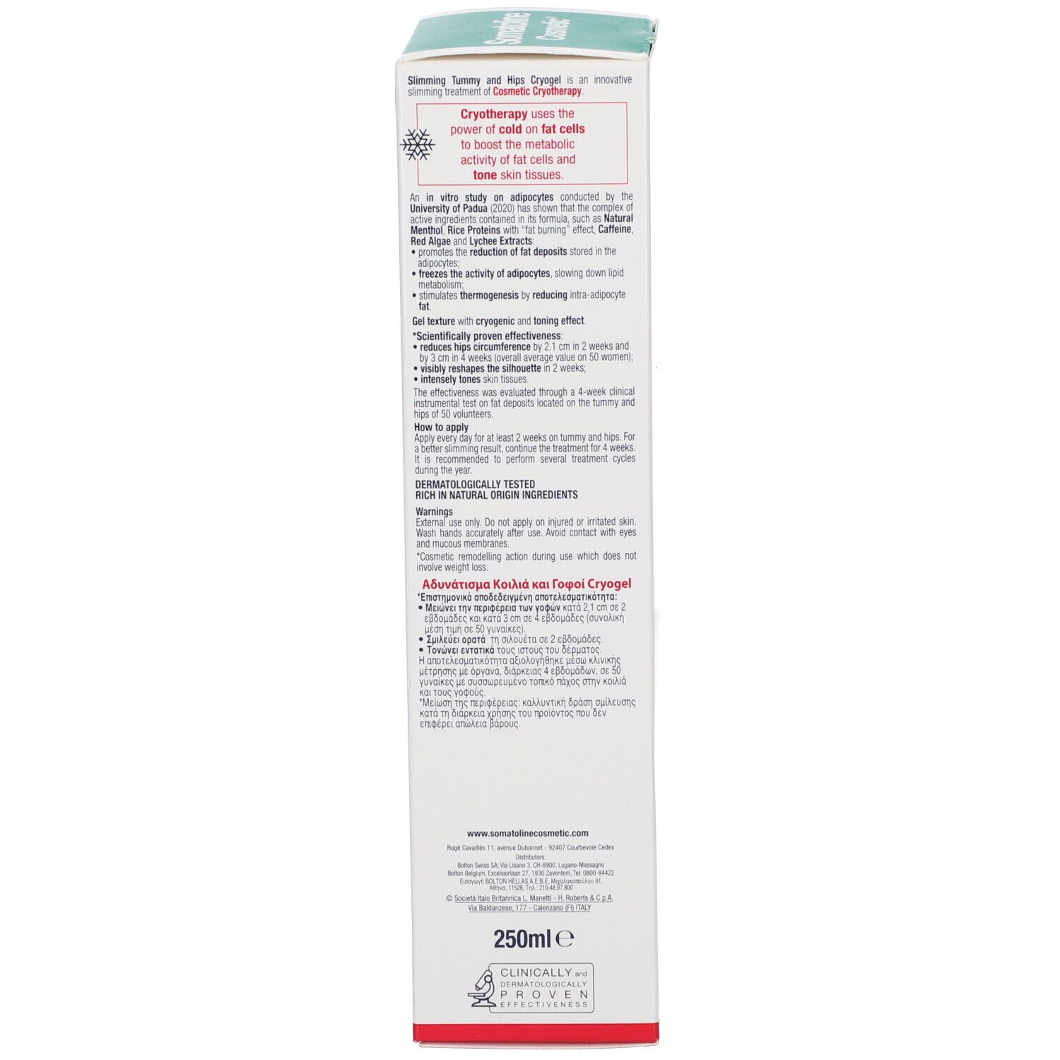 Rückseite des Kartons. Text: Somatoline Cosmetic, Amincissant Ventre et Hanches. Produktinformationen und Inhaltsstoffe.