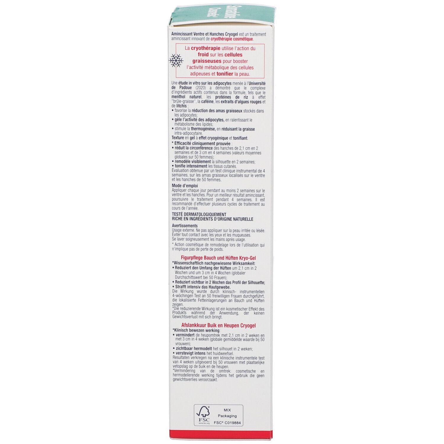 Rückseite des Kartons. Text: Somatoline Cosmetic, Amincissant Ventre et Hanches. Produktinformationen und Inhaltsstoffe.
