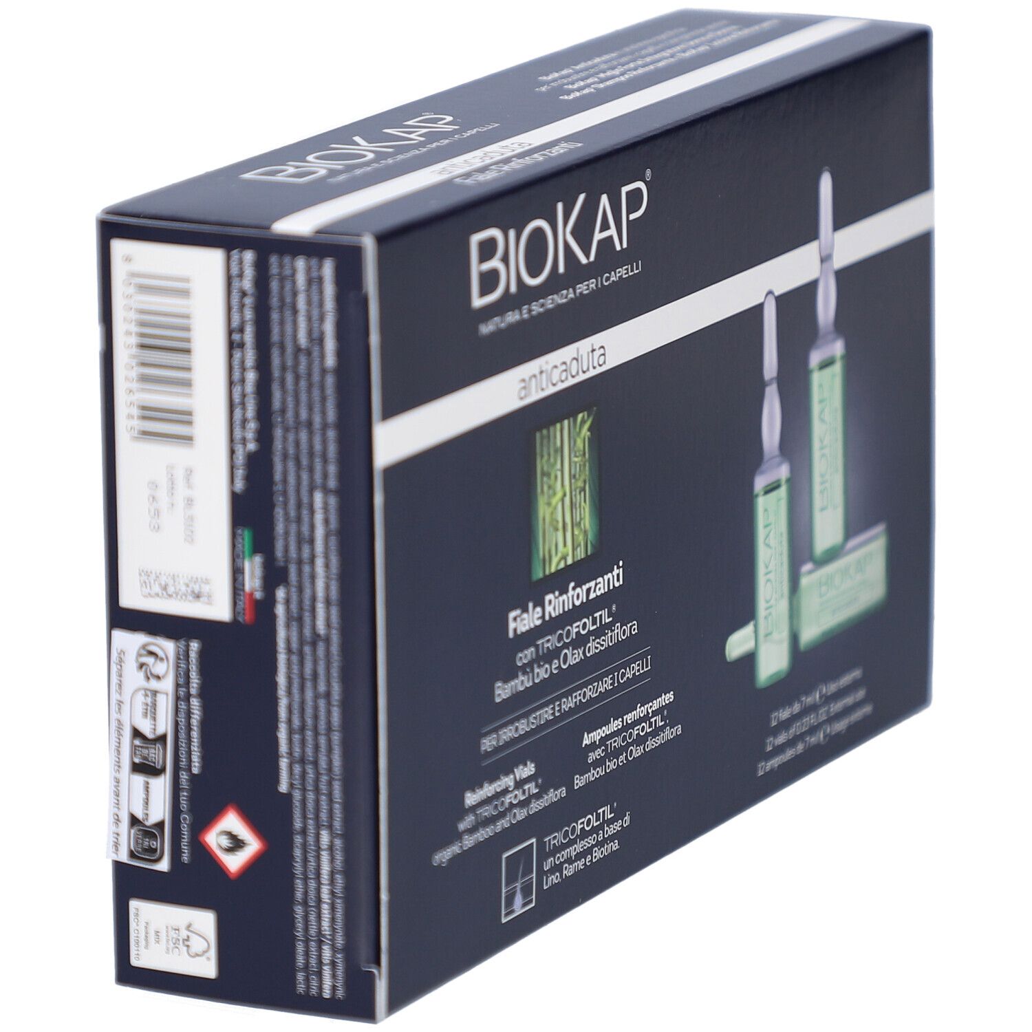 Schachtel BIOKAP Anti-Haarausfall Ampullen, Seitenansicht. Logo und Produktname sichtbar. Text und Barcode.