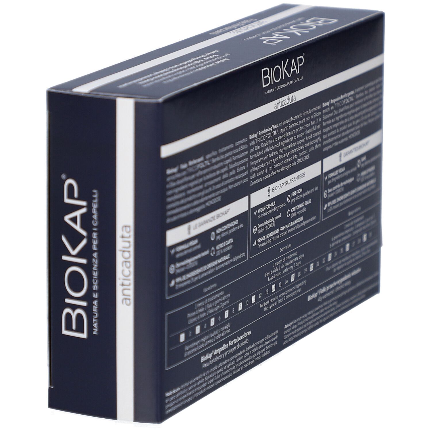 Schachtel BIOKAP Anti-Haarausfall Ampullen, schräge Ansicht. Logo und Produktname deutlich sichtbar.