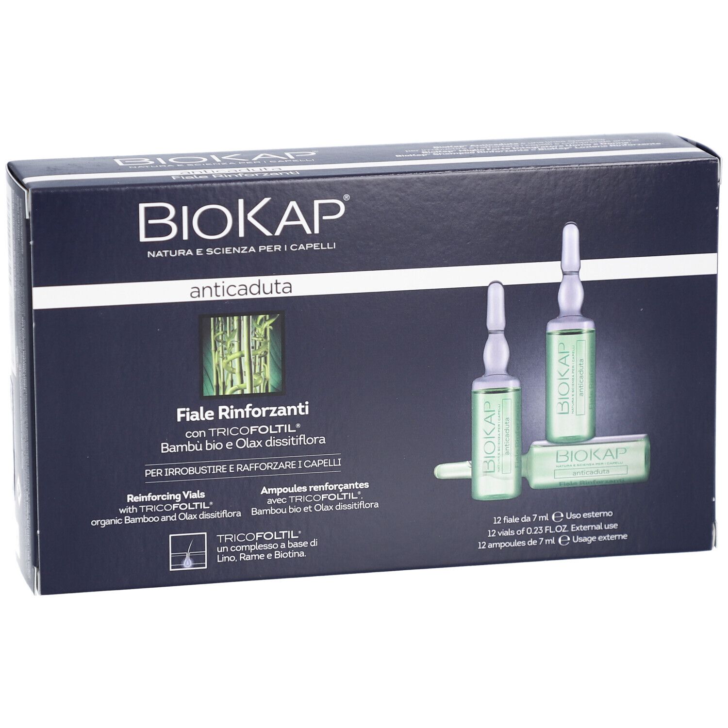 Schachtel mit BIOKAP Anti-Haarausfall Ampullen. 12 Ampullen und Produktname sichtbar.