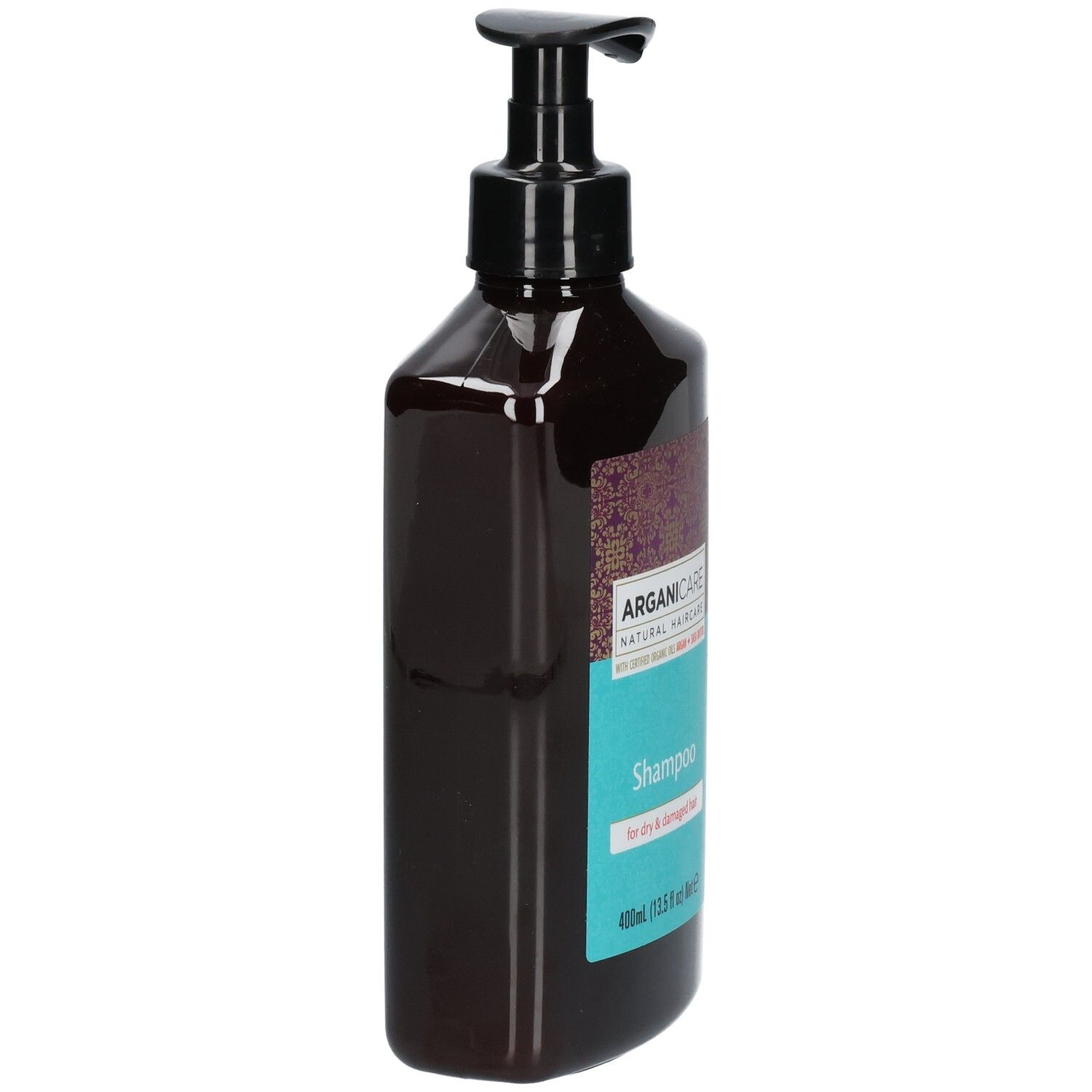 Arganicare Shampoo für trockenes Haar, Flasche von der Seite mit Pumpspender.