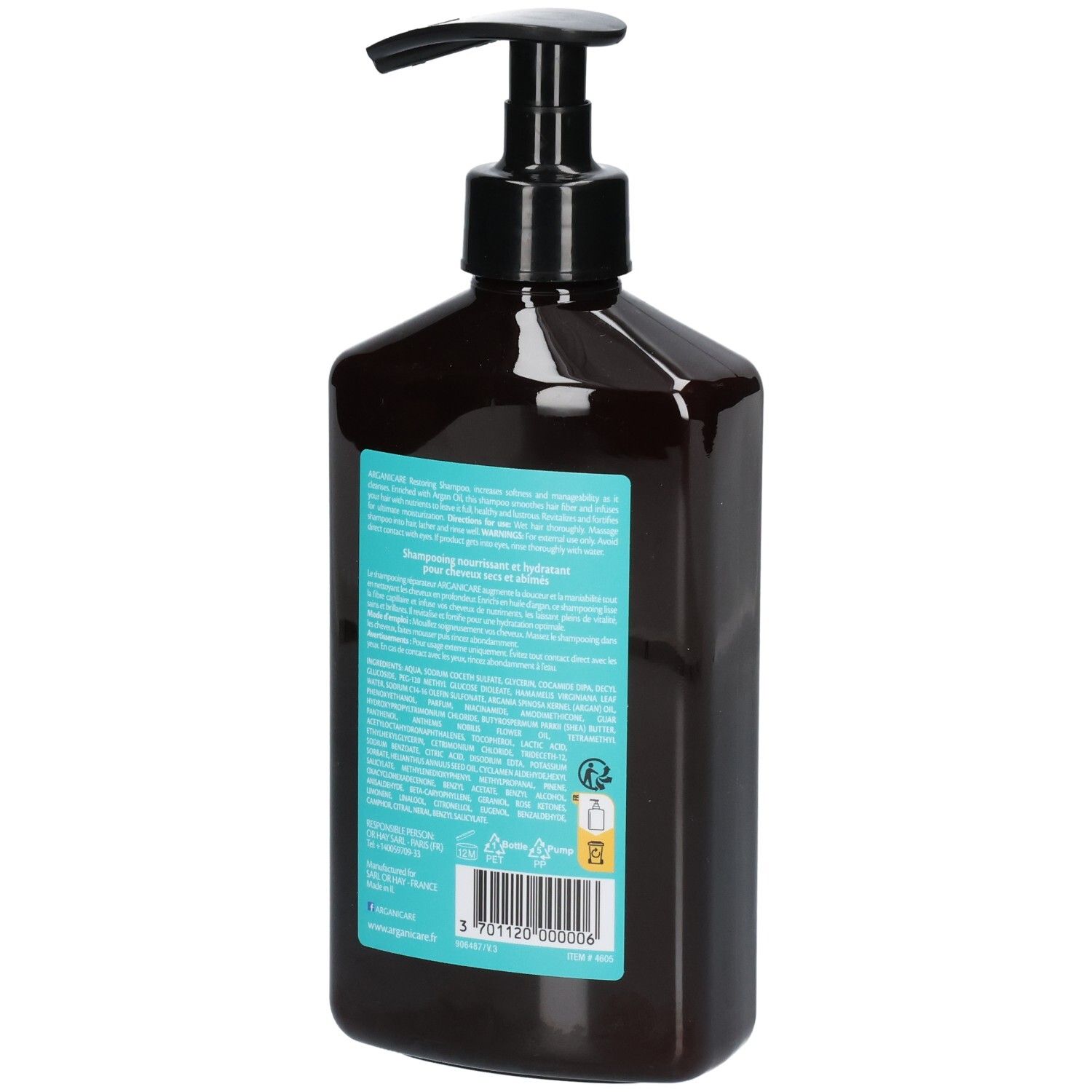 Rückseite der Arganicare Shampoo Flasche für trockenes Haar, 400ml.