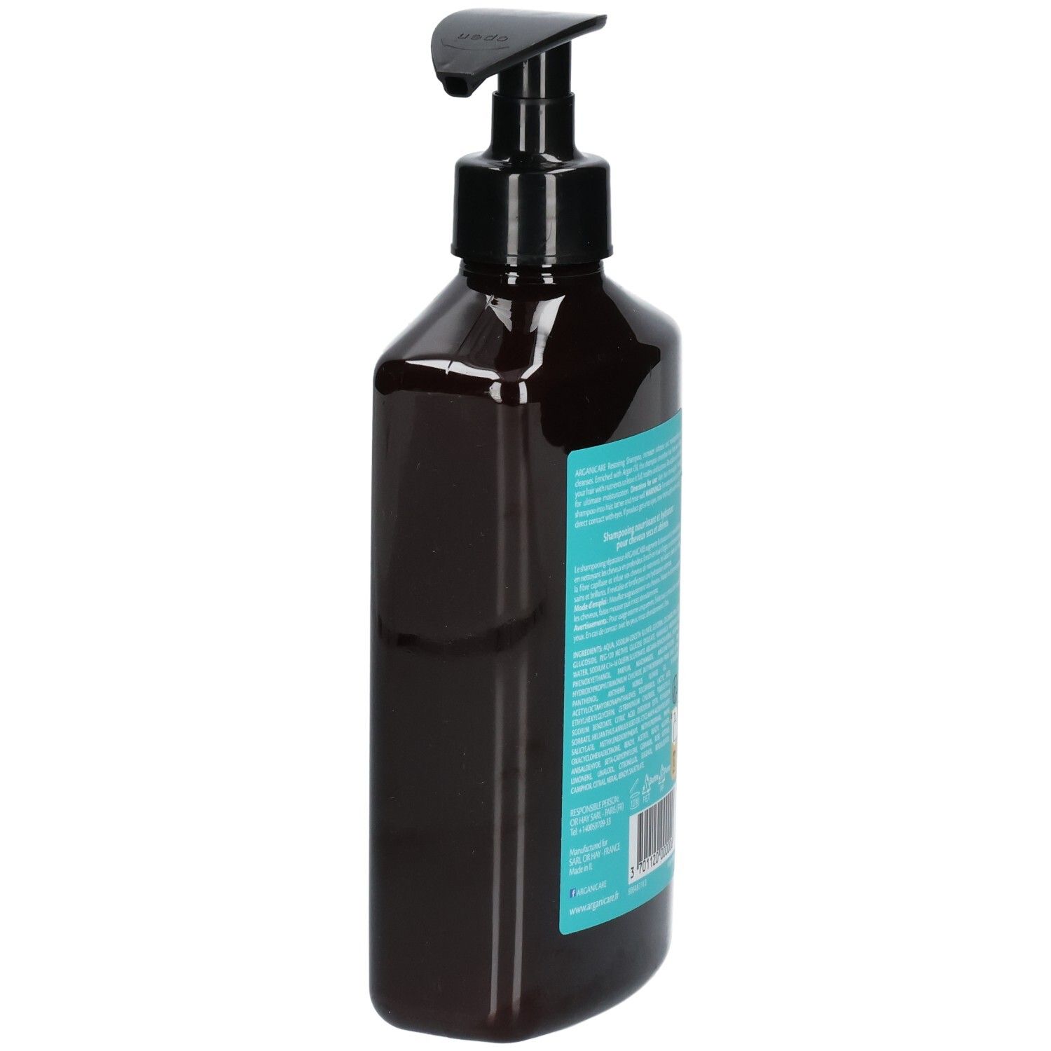 Arganicare Shampoo für trockenes Haar, Flasche von der Seite mit Pumpspender.