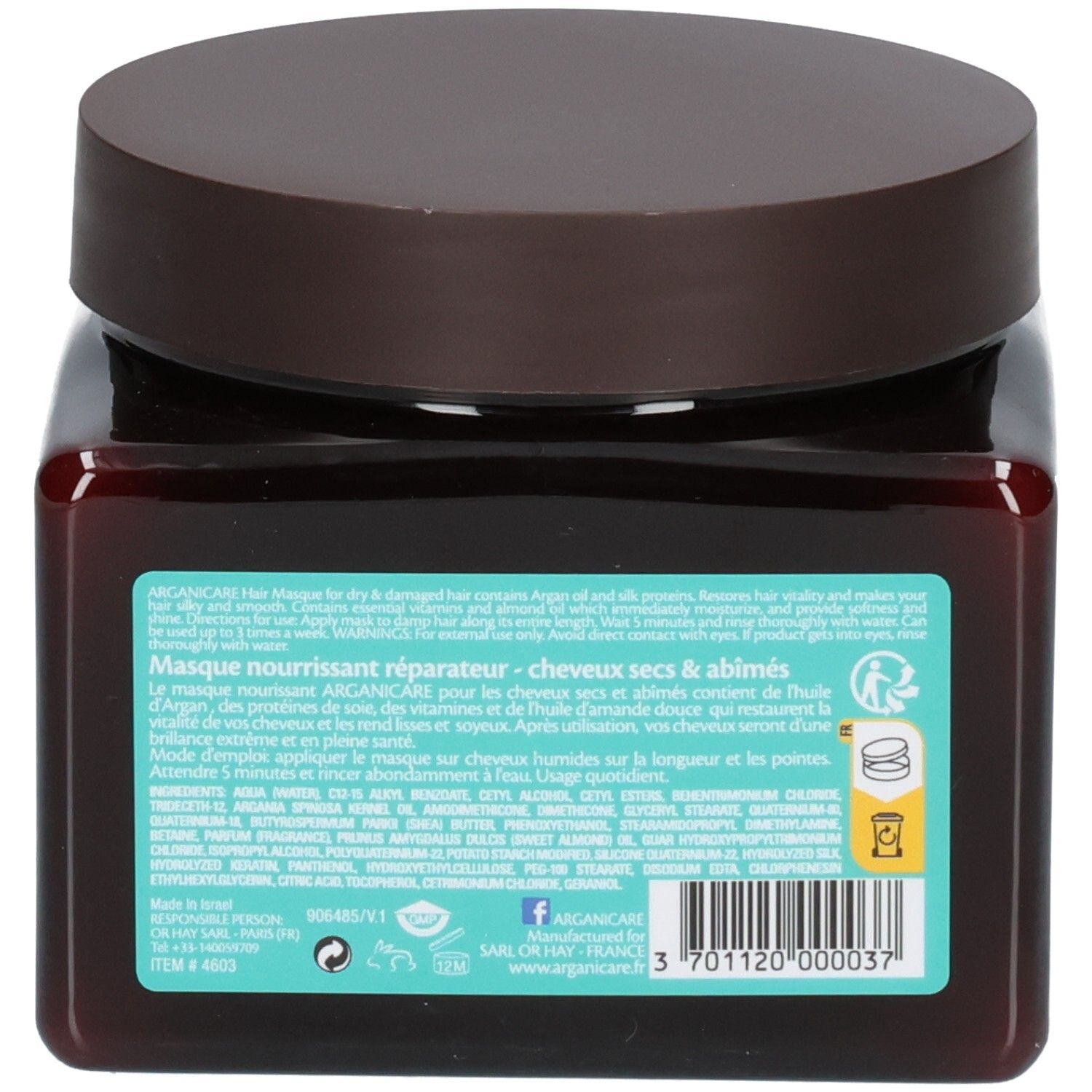 Arganicare Haarkur für trockenes, geschädigtes Haar. Braune Flasche mit braunem Deckel. 500ml.