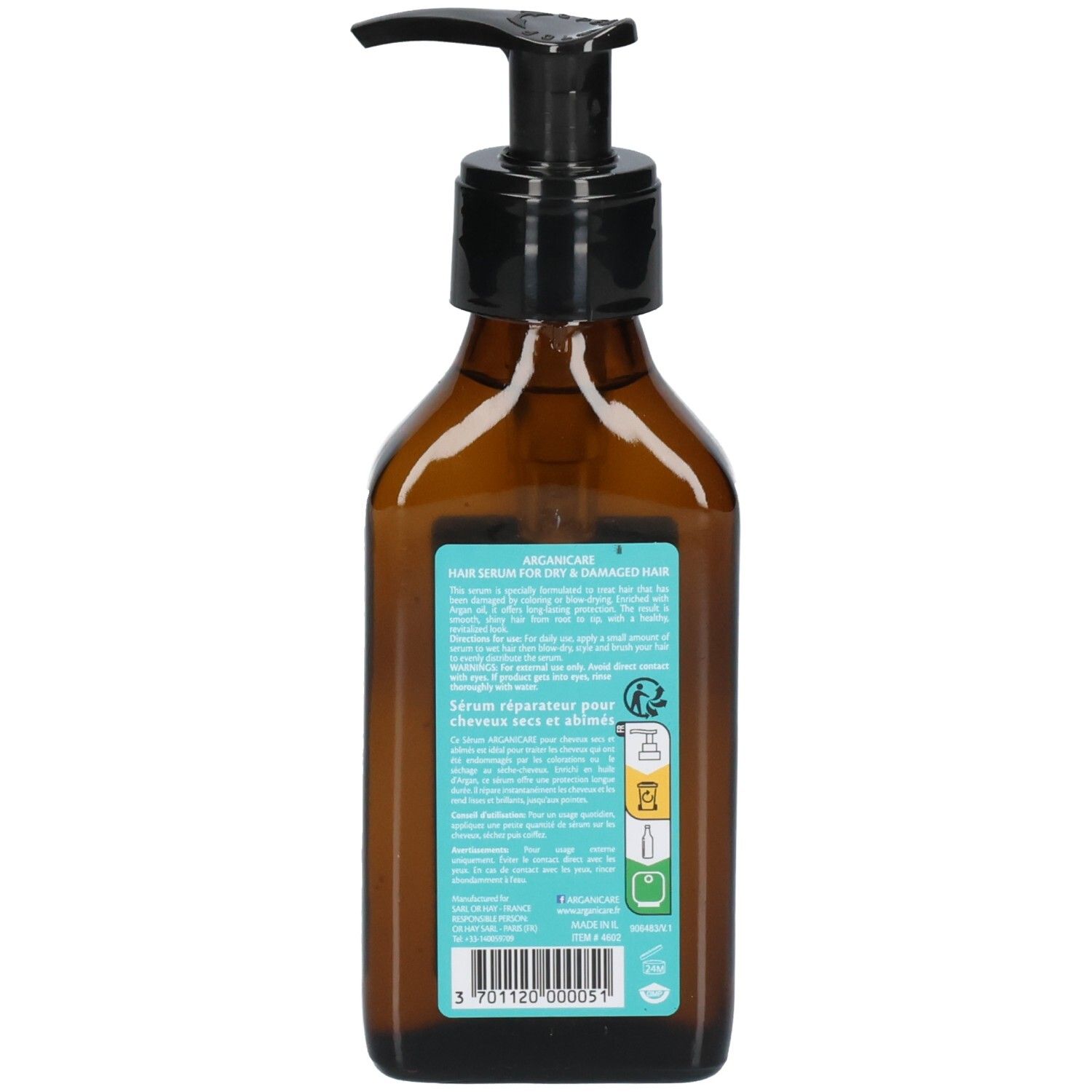 Rückseite der Arganicare Haarserum Flasche mit Anwendungshinweisen und Inhaltsstoffen.