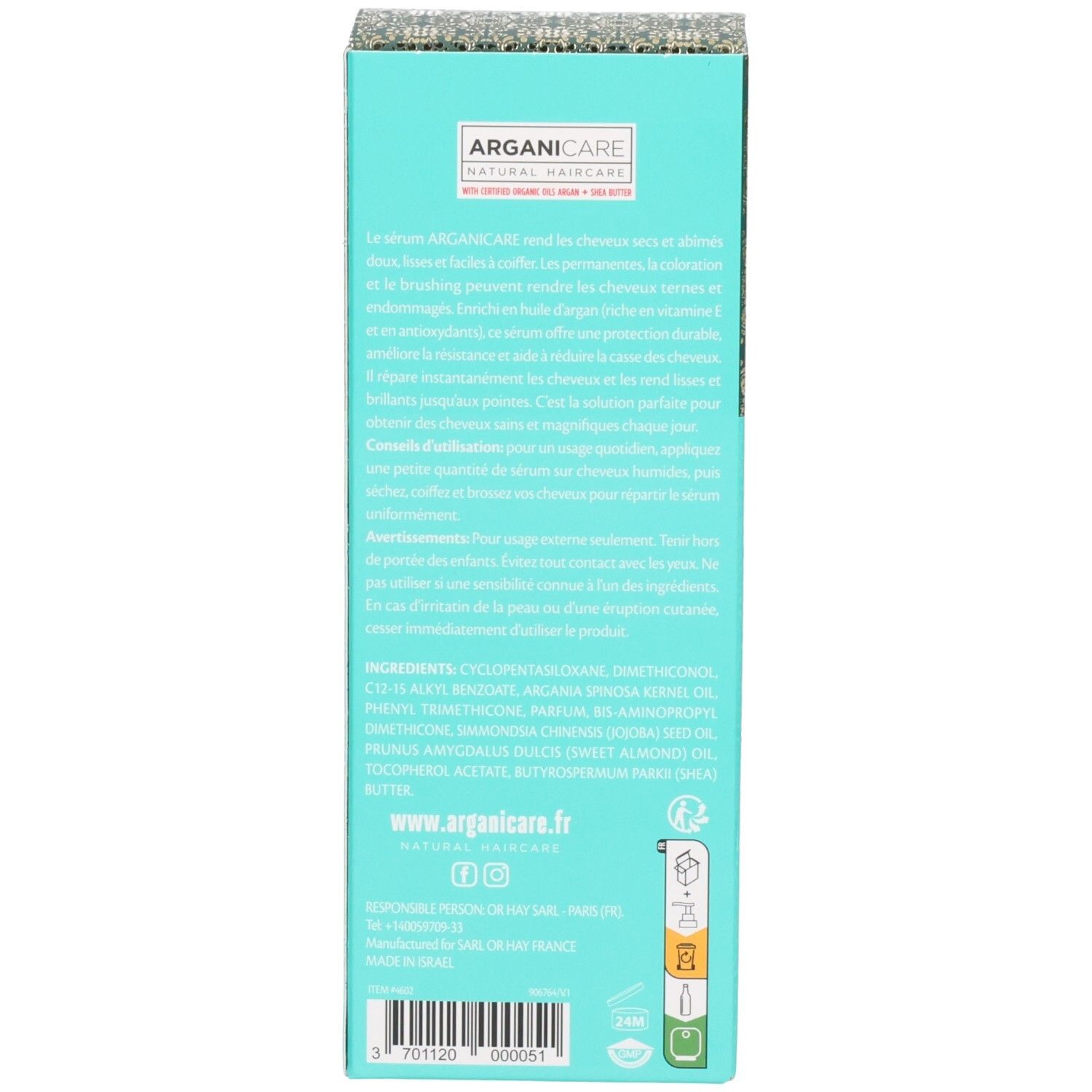 Rückseite der Arganicare Haarserum Verpackung mit Inhaltsstoffen und Website.