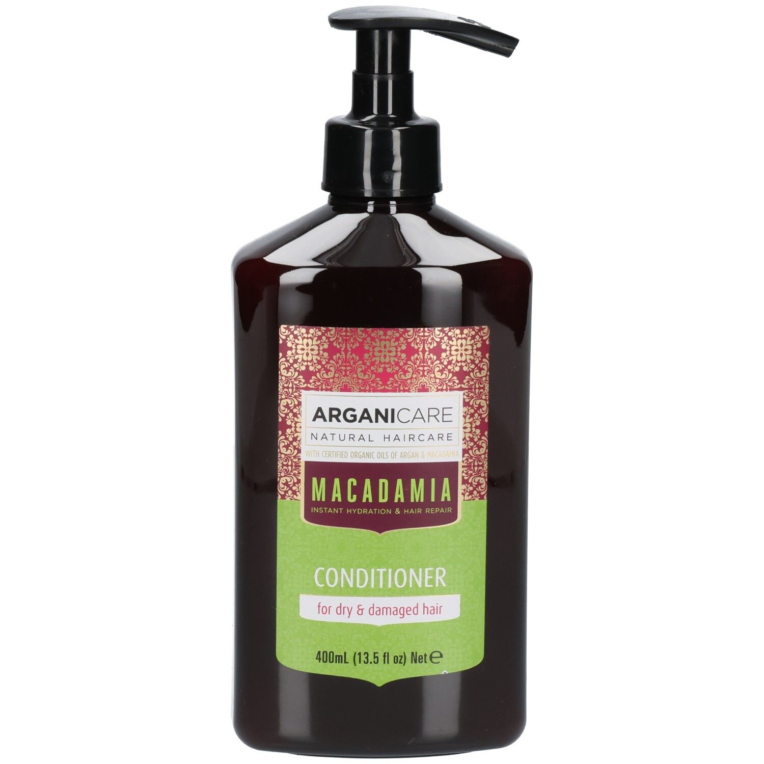 Arganicare Macadamia Conditioner Flasche mit Pumpspender, für trockenes und strapaziertes Haar.