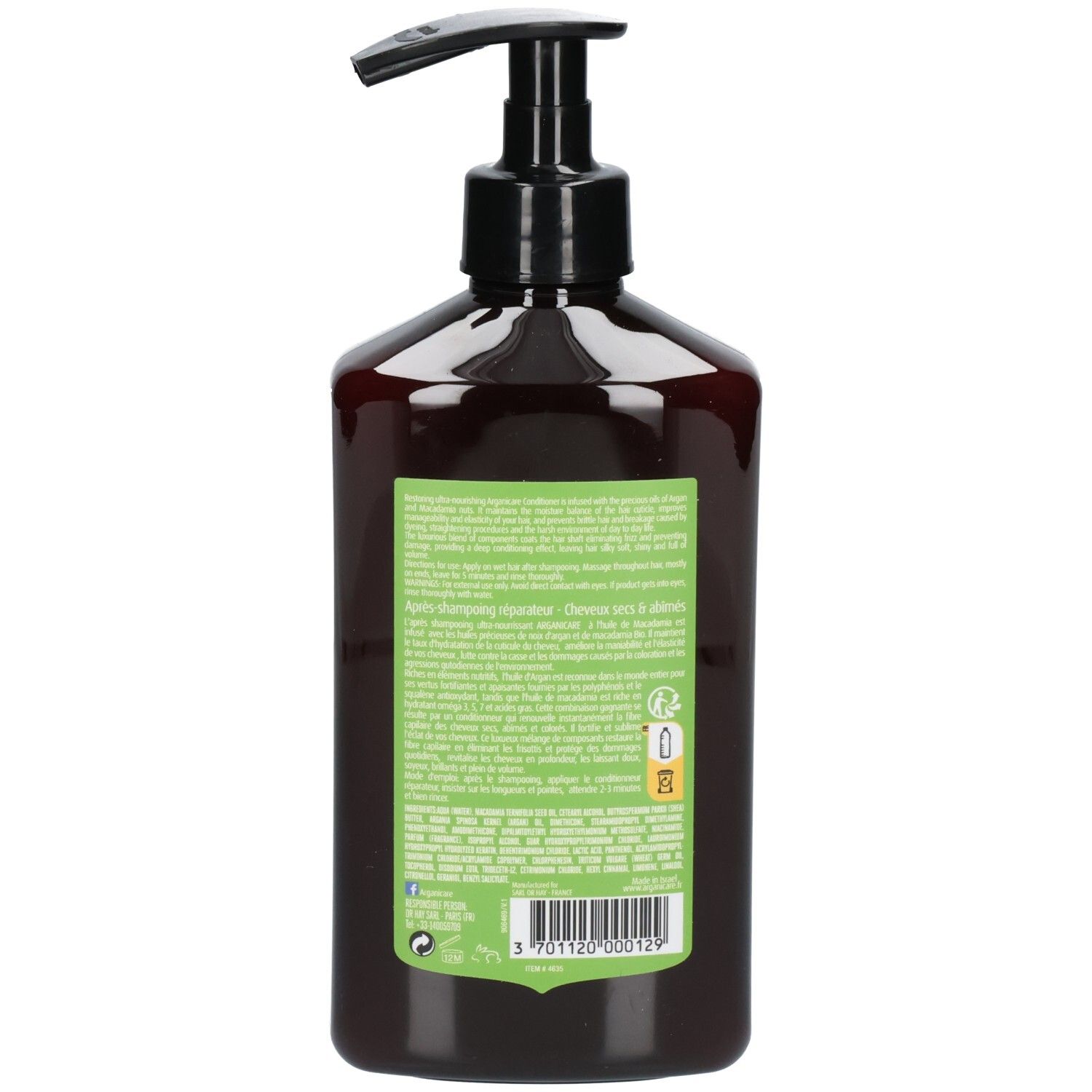 Rückseite einer Arganicare Macadamia Shampoo Flasche mit Inhaltsstoffen und Anwendungshinweisen.