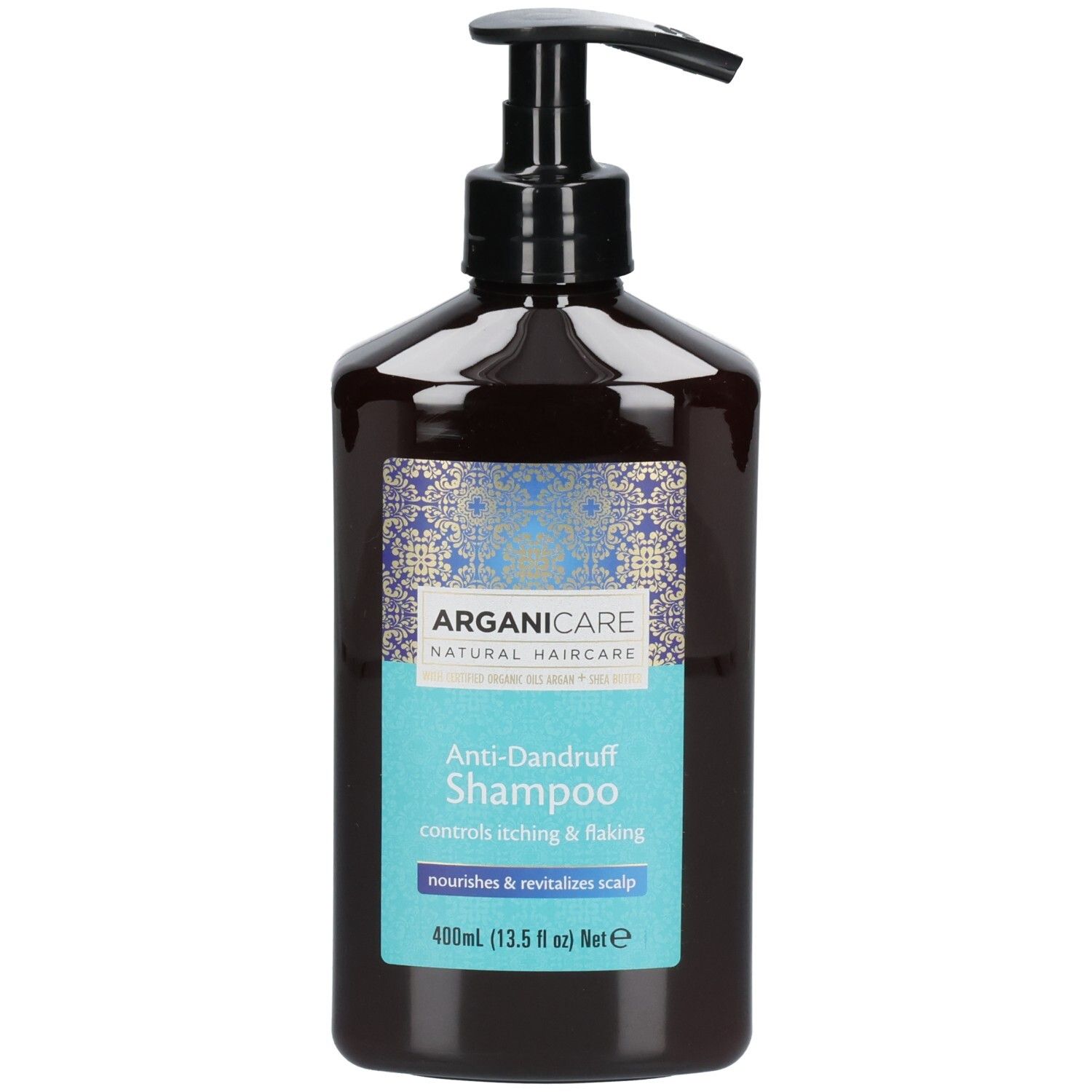 Arganicare Anti-Schuppen Shampoo in dunkler Flasche mit Pumpspender, 400ml.