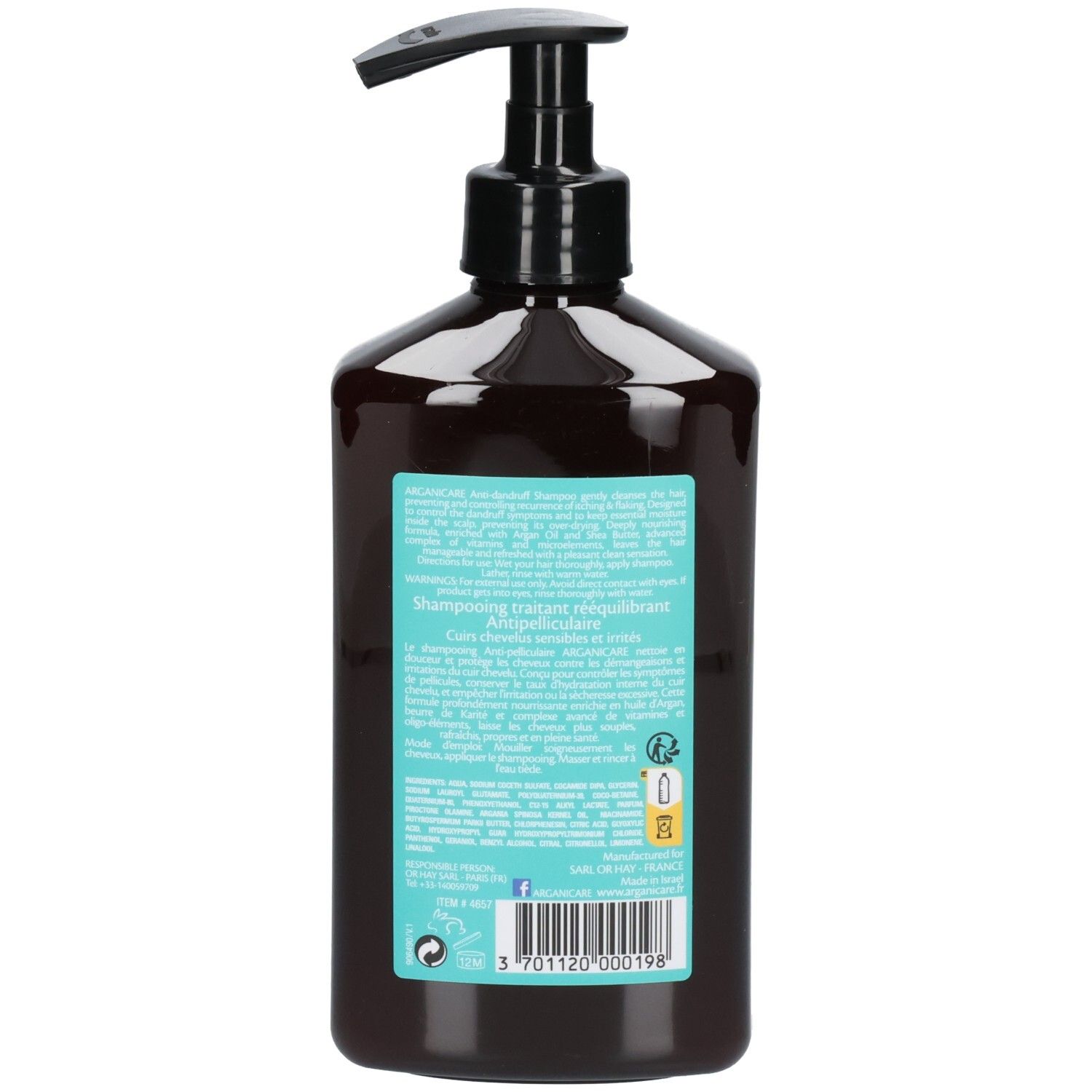 Braune Flasche mit schwarzem Pumpspender. Hellblaues Etikett mit Produktinformationen und Barcode.